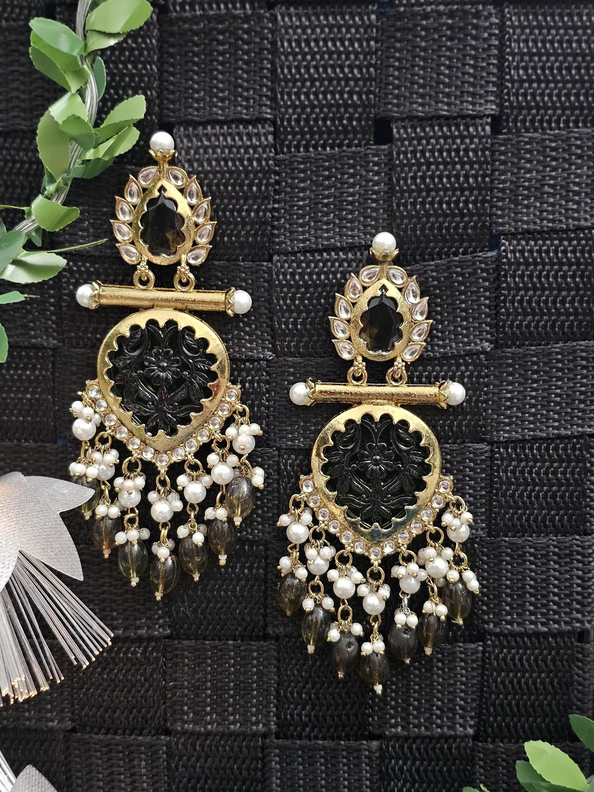 Brass Chandbalis Earrings: Carved Stone, Beads & Pearls