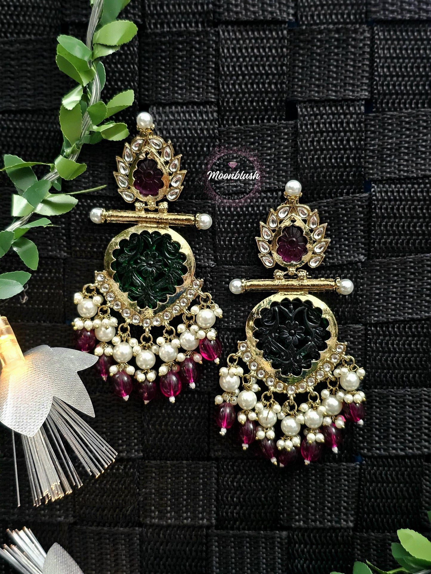 Brass Chandbalis Earrings: Carved Stone, Beads & Pearls