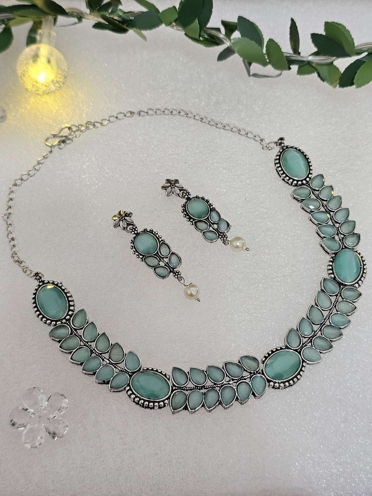 Monalisa Stone Choker Set: Silver Look Brass Necklace