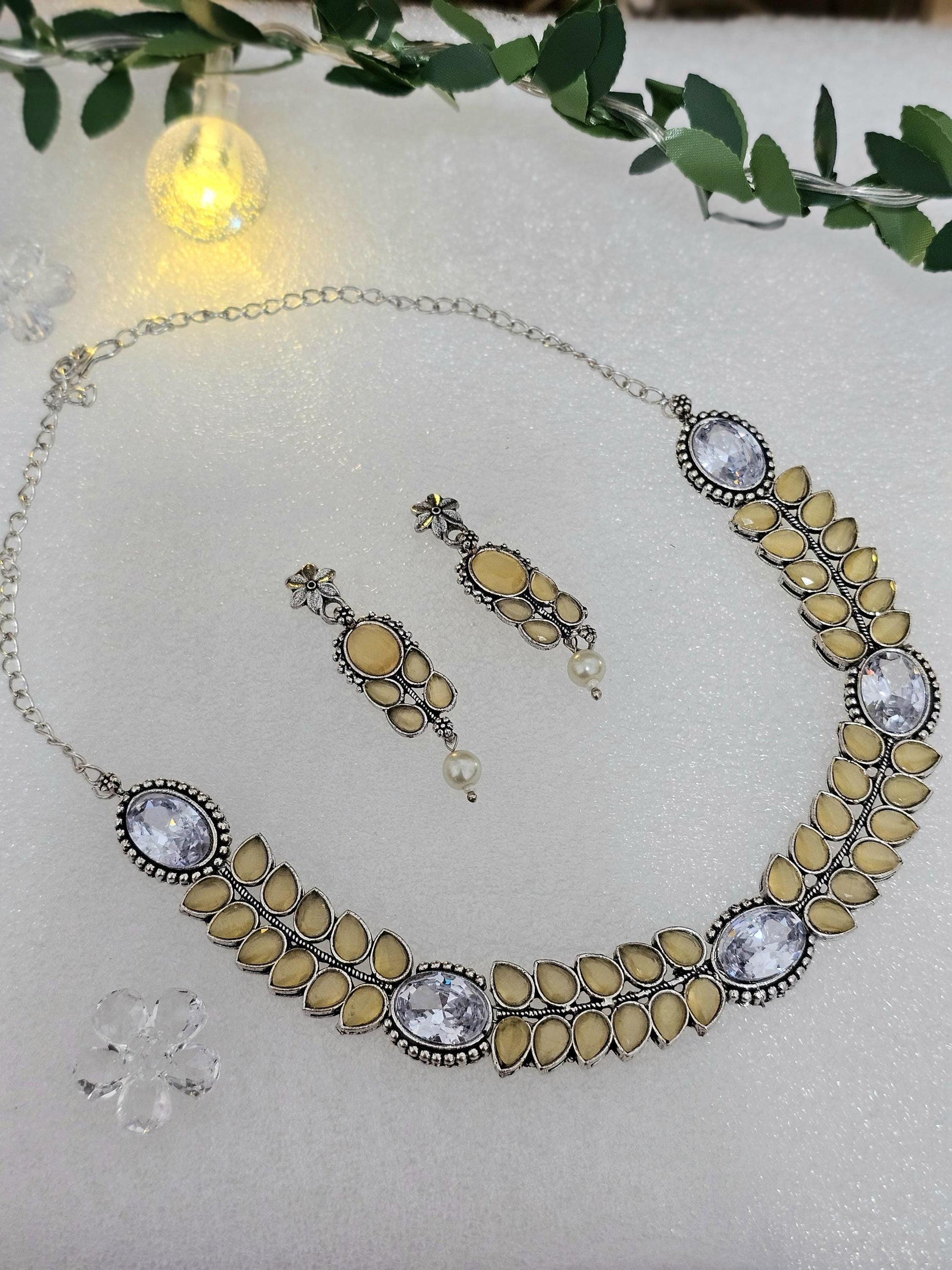 Monalisa Stone Choker Set: Silver Look Brass Necklace