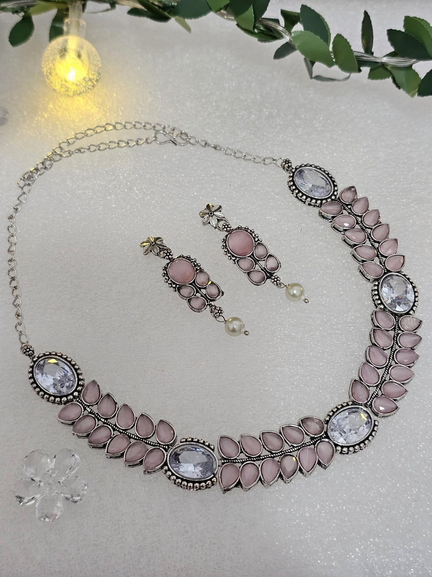 Monalisa Stone Choker Set: Silver Look Brass Necklace