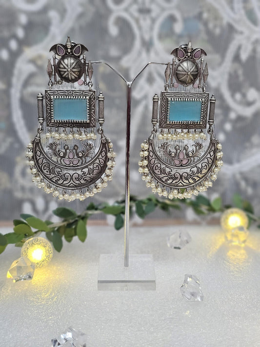 Brass Chandbalis Jhumka Earrings: Silver Tone with Monalisa Stones & Pearls