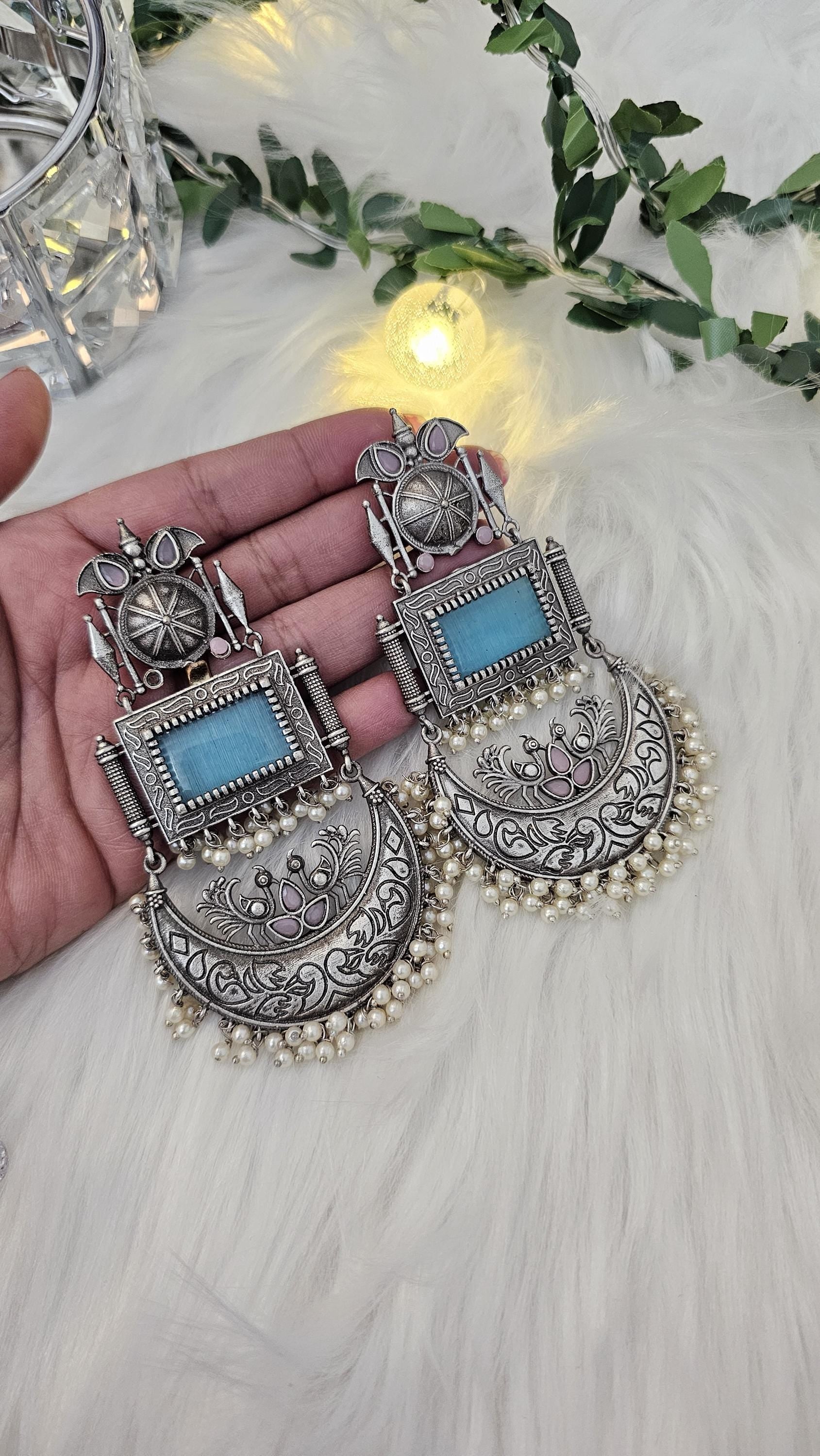 Brass Chandbalis Jhumka Earrings: Silver Tone with Monalisa Stones & Pearls