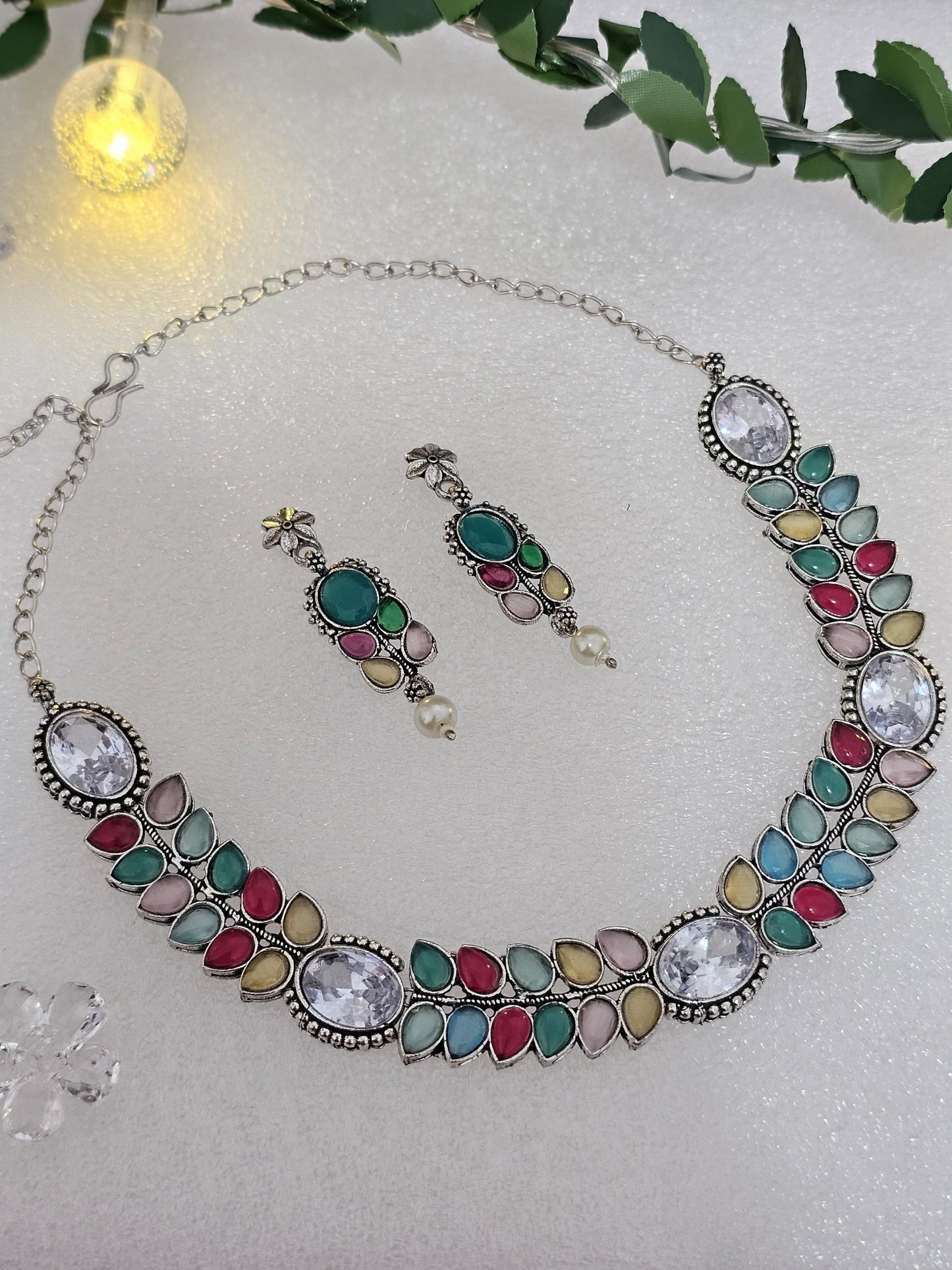 Monalisa Stone Choker Set: Silver Look Brass Necklace