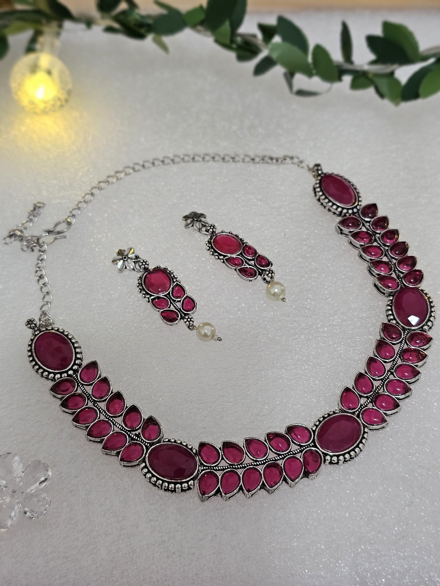 Monalisa Stone Choker Set: Silver Look Brass Necklace
