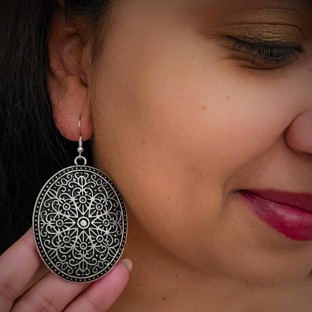 Bohemian Brass Earrings: German Silver Carved Boho Style