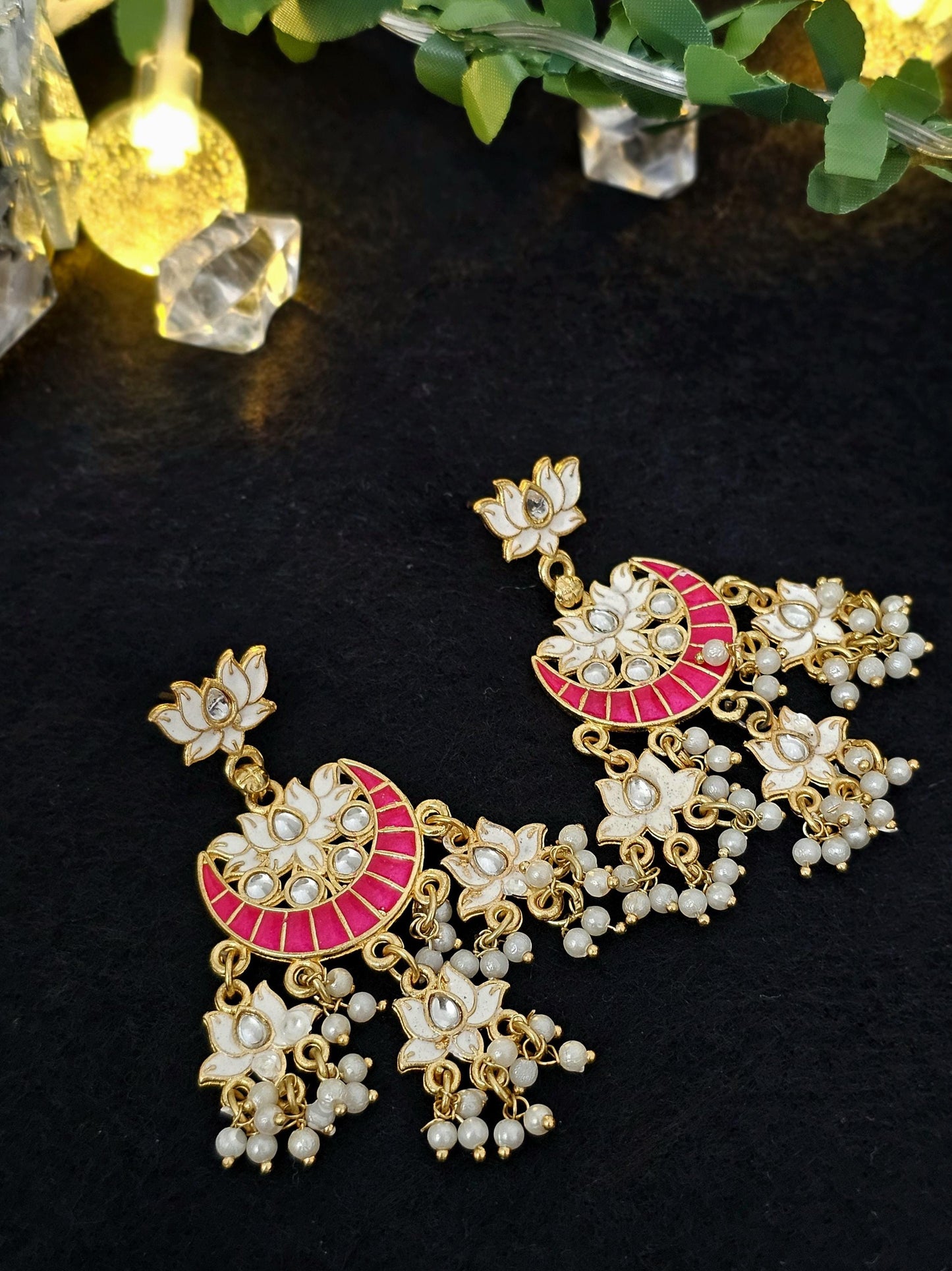 Kundan Meenakari Jhumka Earrings with Pearls: Brass Jewelry