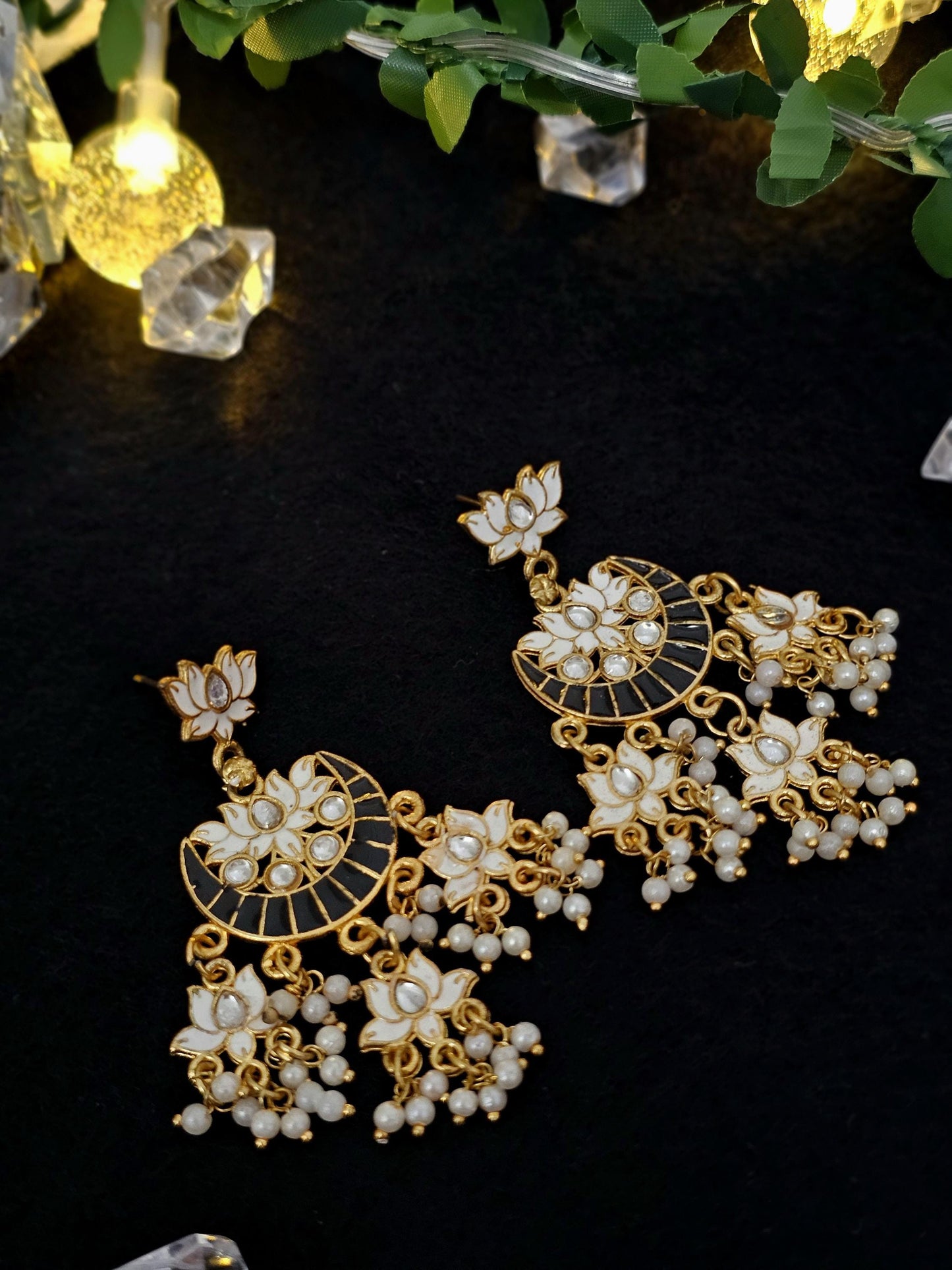 Kundan Meenakari Jhumka Earrings with Pearls: Brass Jewelry