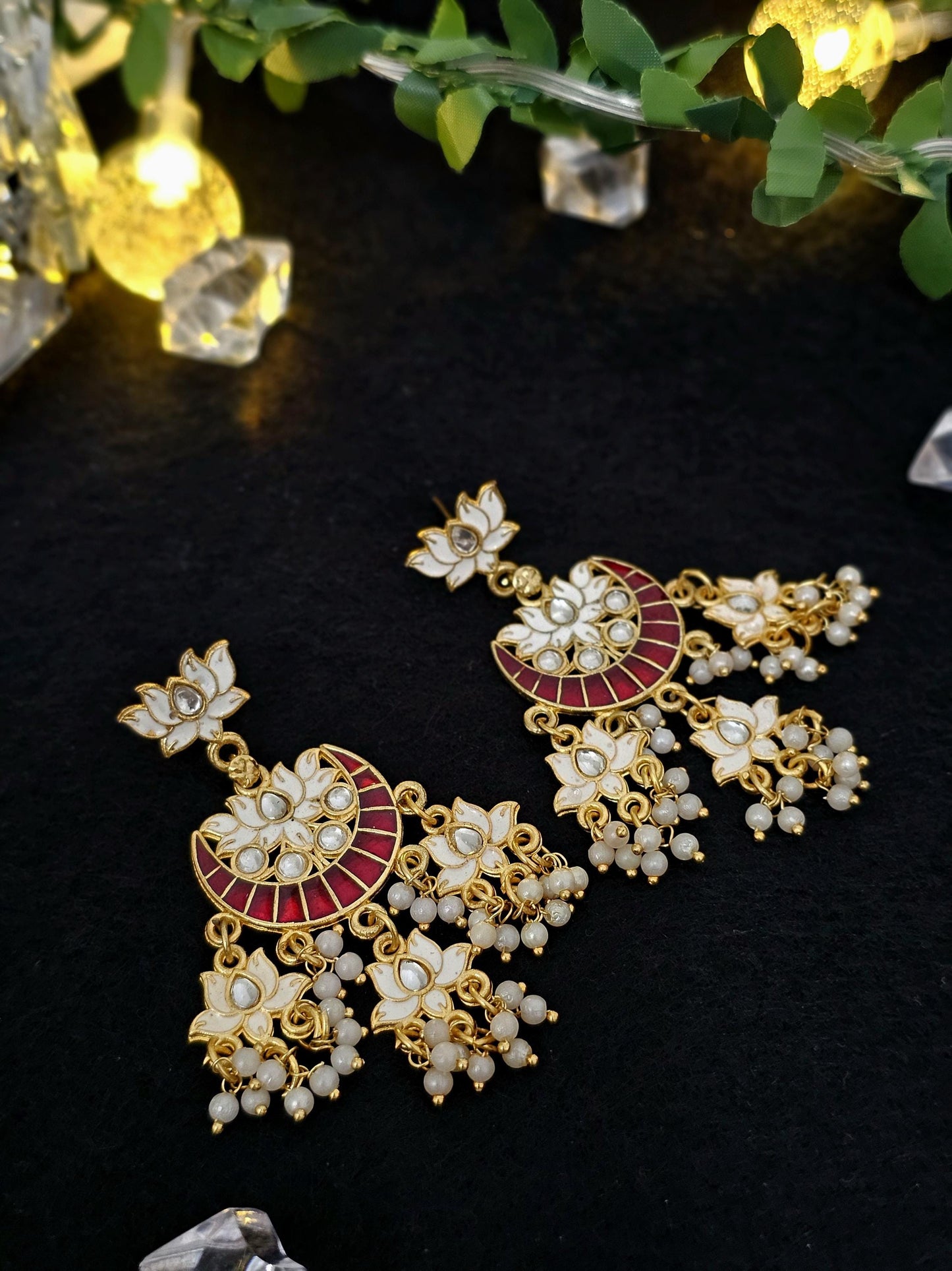 Kundan Meenakari Jhumka Earrings with Pearls: Brass Jewelry