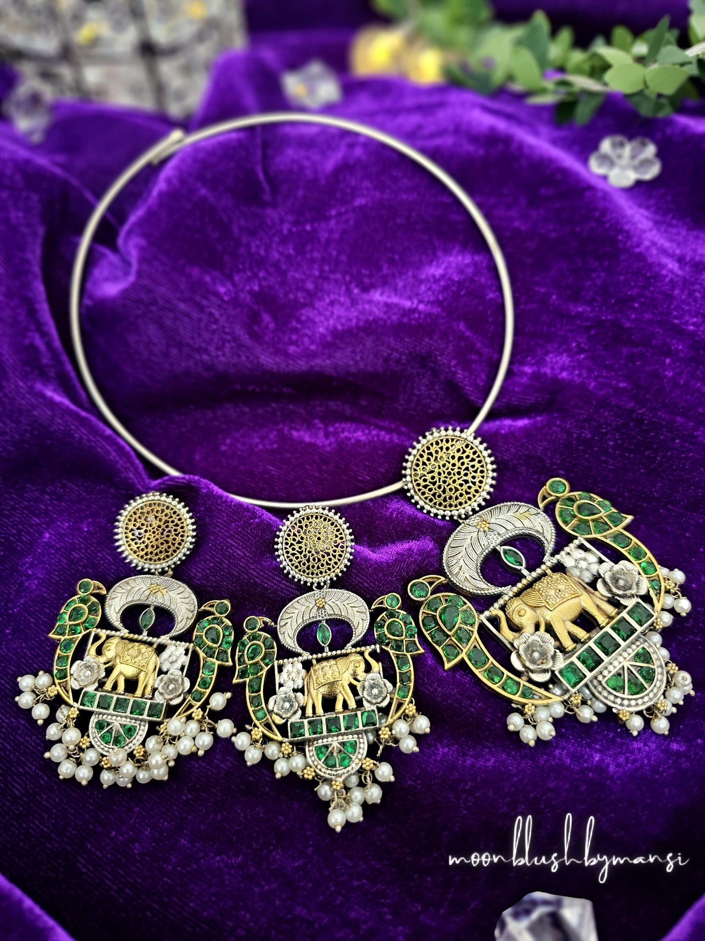 Dual Tone Hasli Choker: Silver Replica Necklace with AD Stones & Pearls