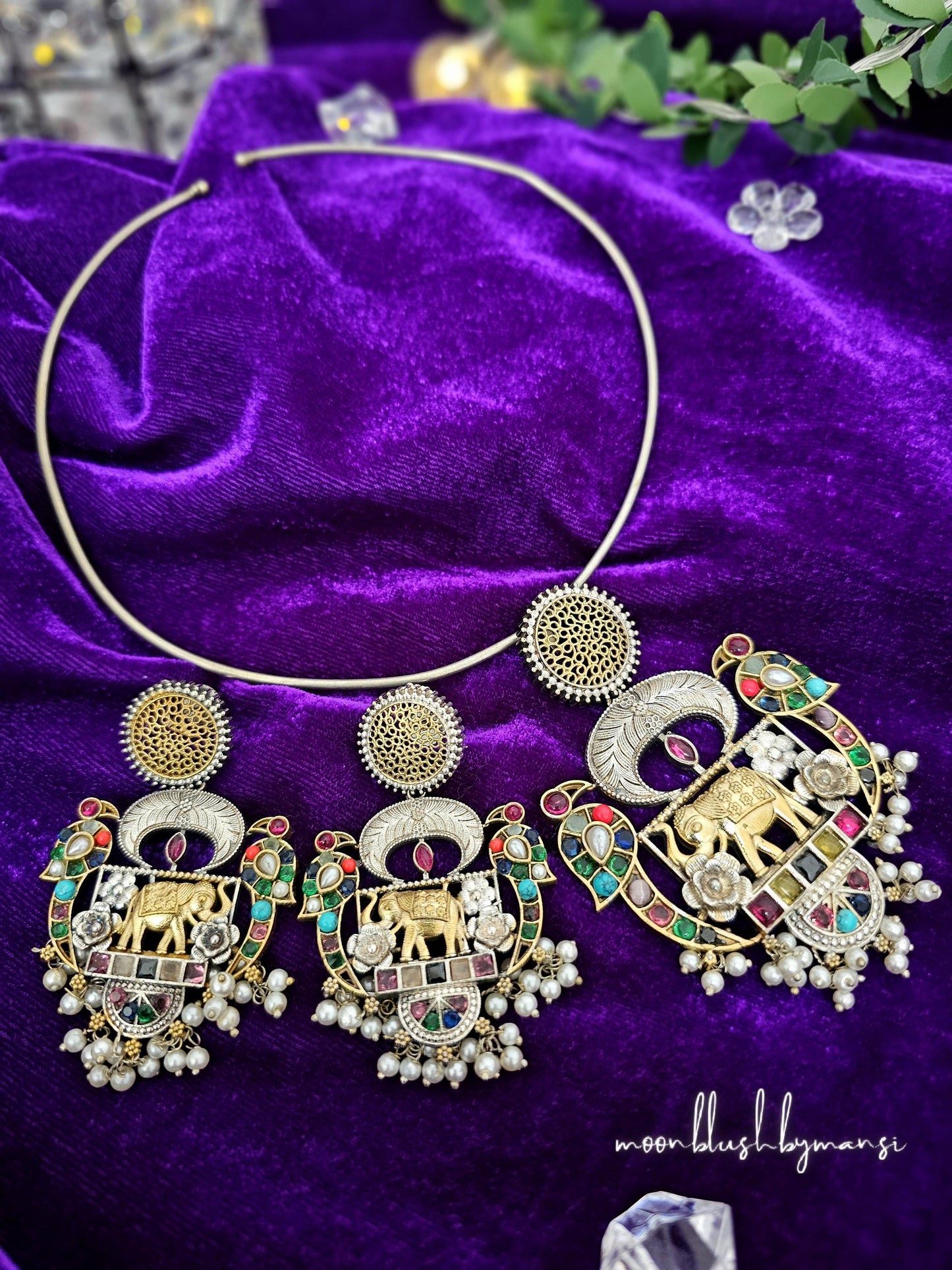 Dual Tone Hasli Choker: Silver Replica Necklace with AD Stones & Pearls