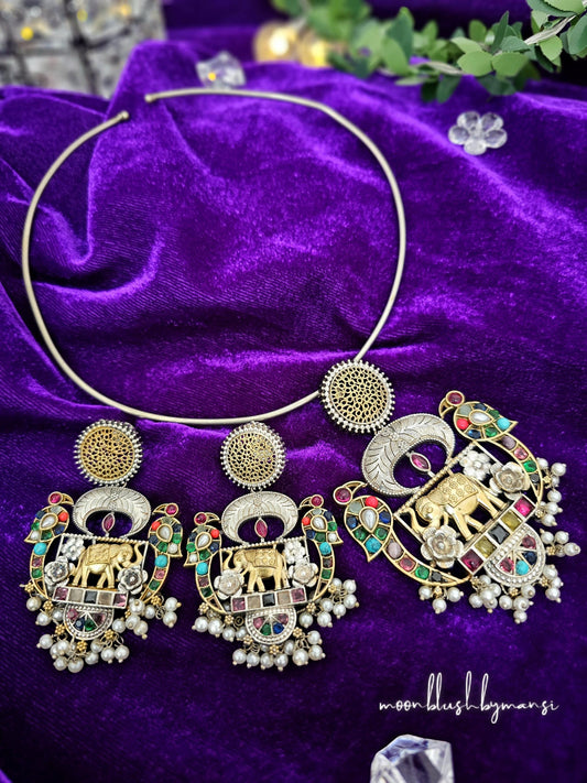Dual Tone Hasli Choker: Silver Replica Necklace with AD Stones & Pearls