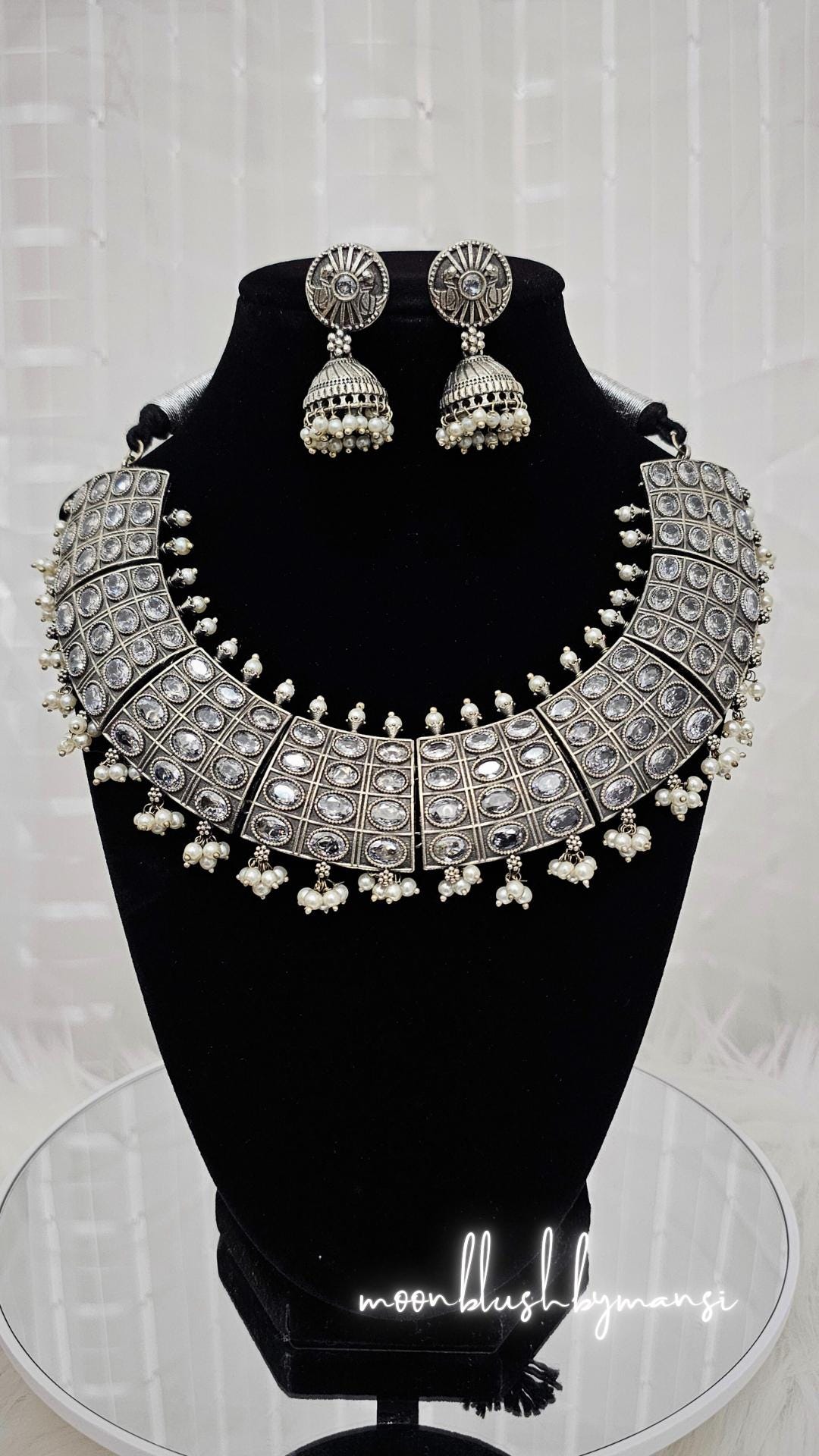 Silver Replica AD Stone Choker Set: Brass Pearl Jewelry