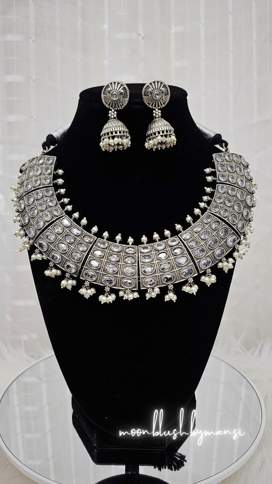 Silver Replica AD Stone Choker Set: Brass Pearl Jewelry