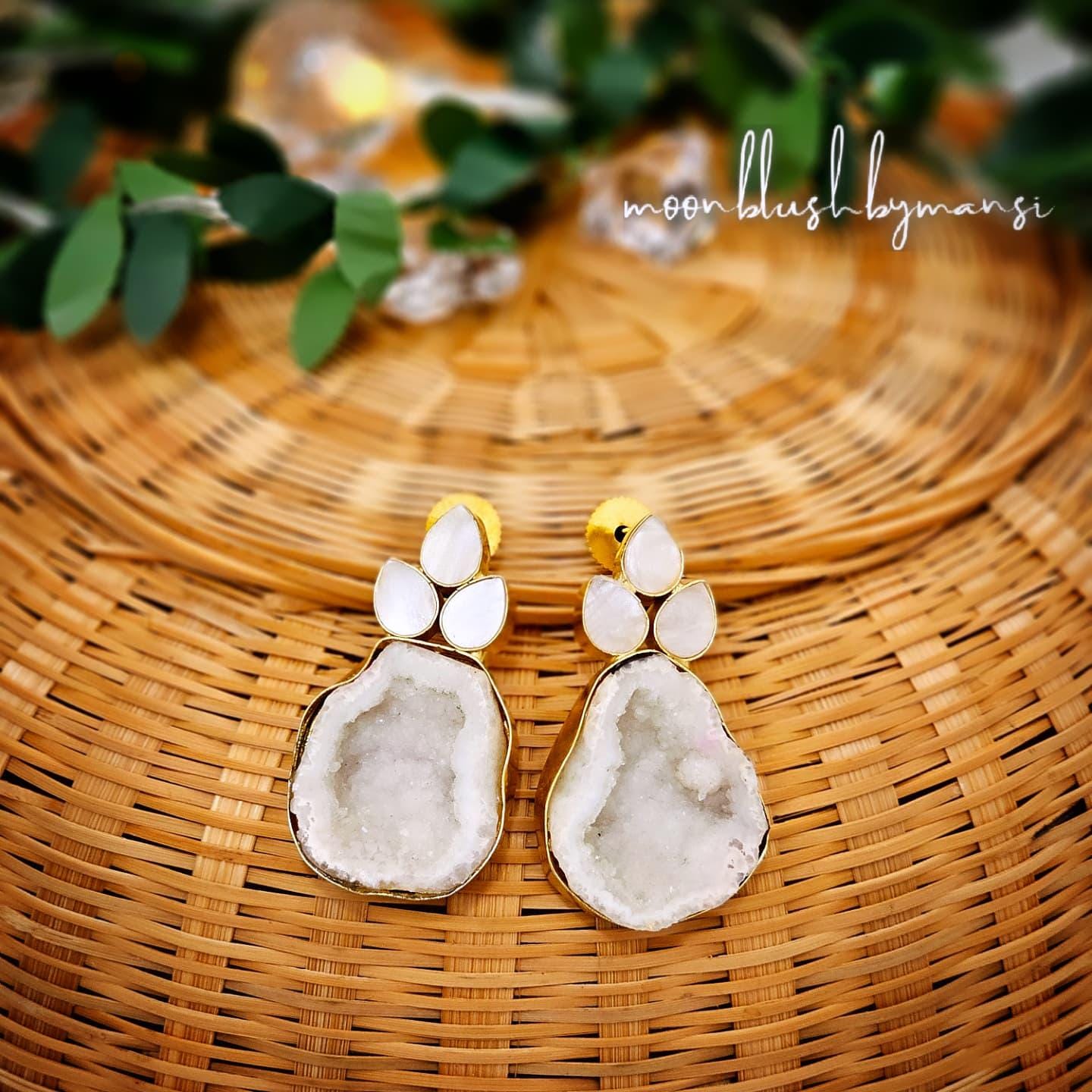 Brass Statement Earrings: Raw Agate & Monalisa Stone Design