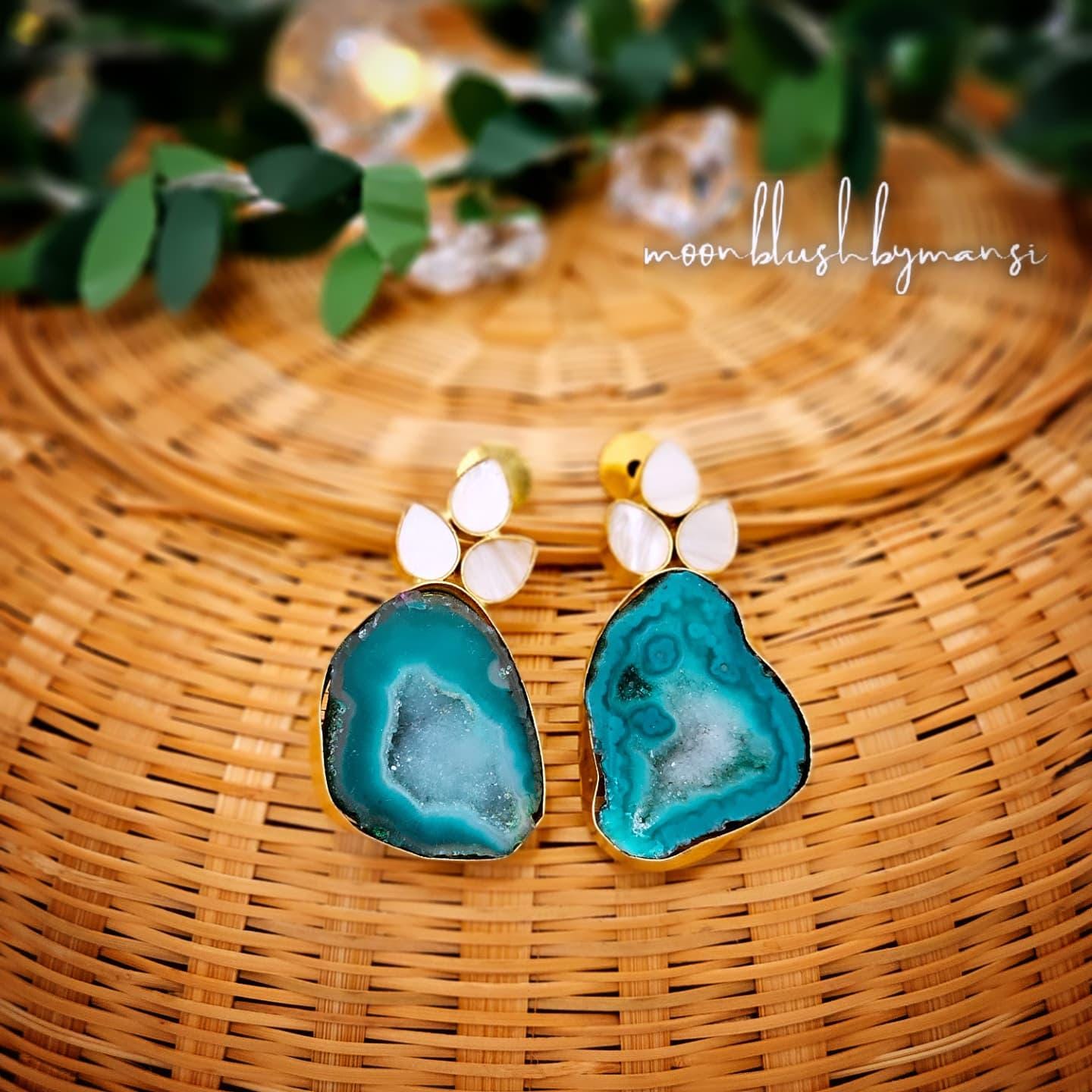 Brass Statement Earrings: Raw Agate & Monalisa Stone Design