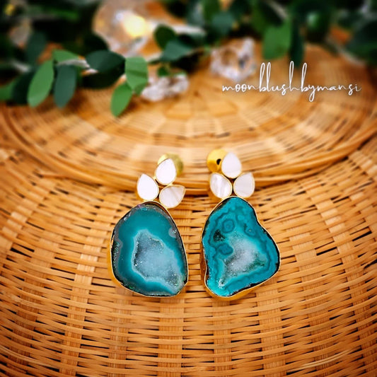 Brass Statement Earrings: Raw Agate & Monalisa Stone Design