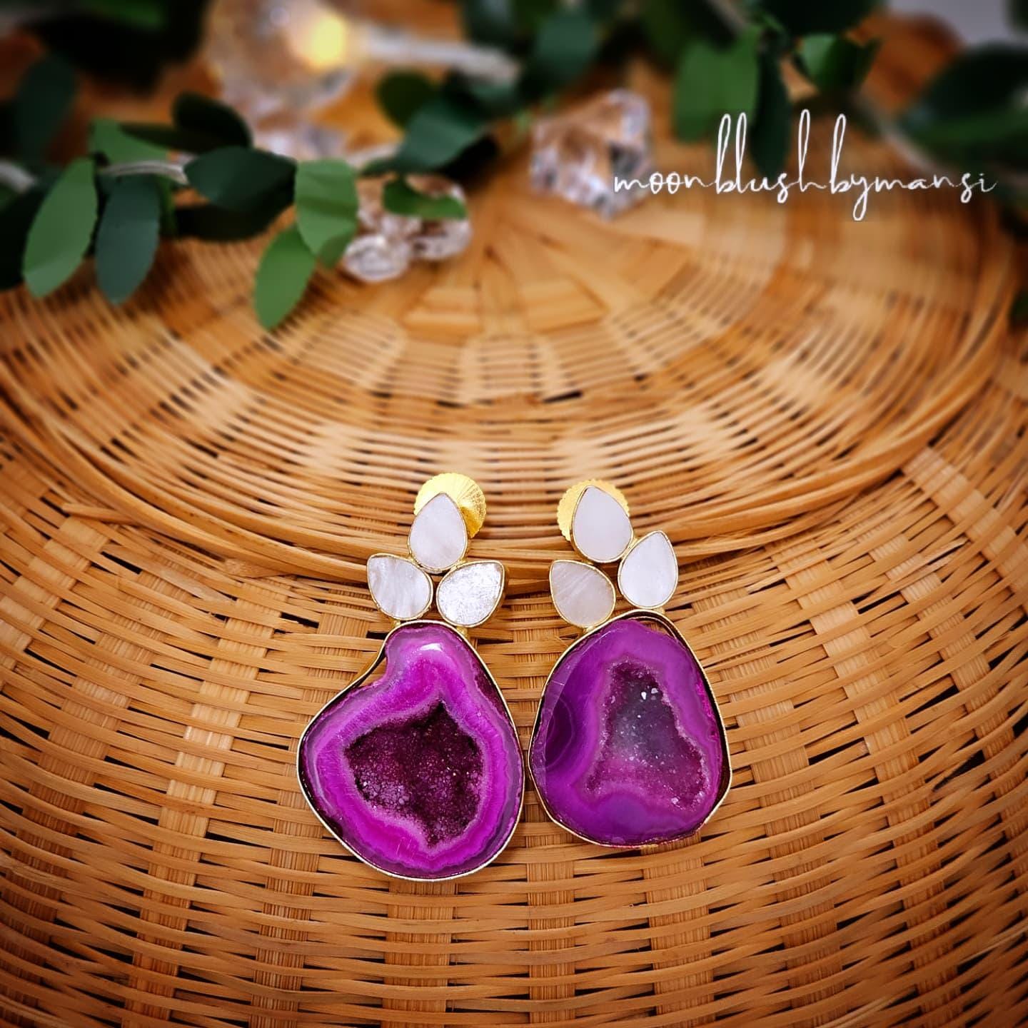 Brass Statement Earrings: Raw Agate & Monalisa Stone Design