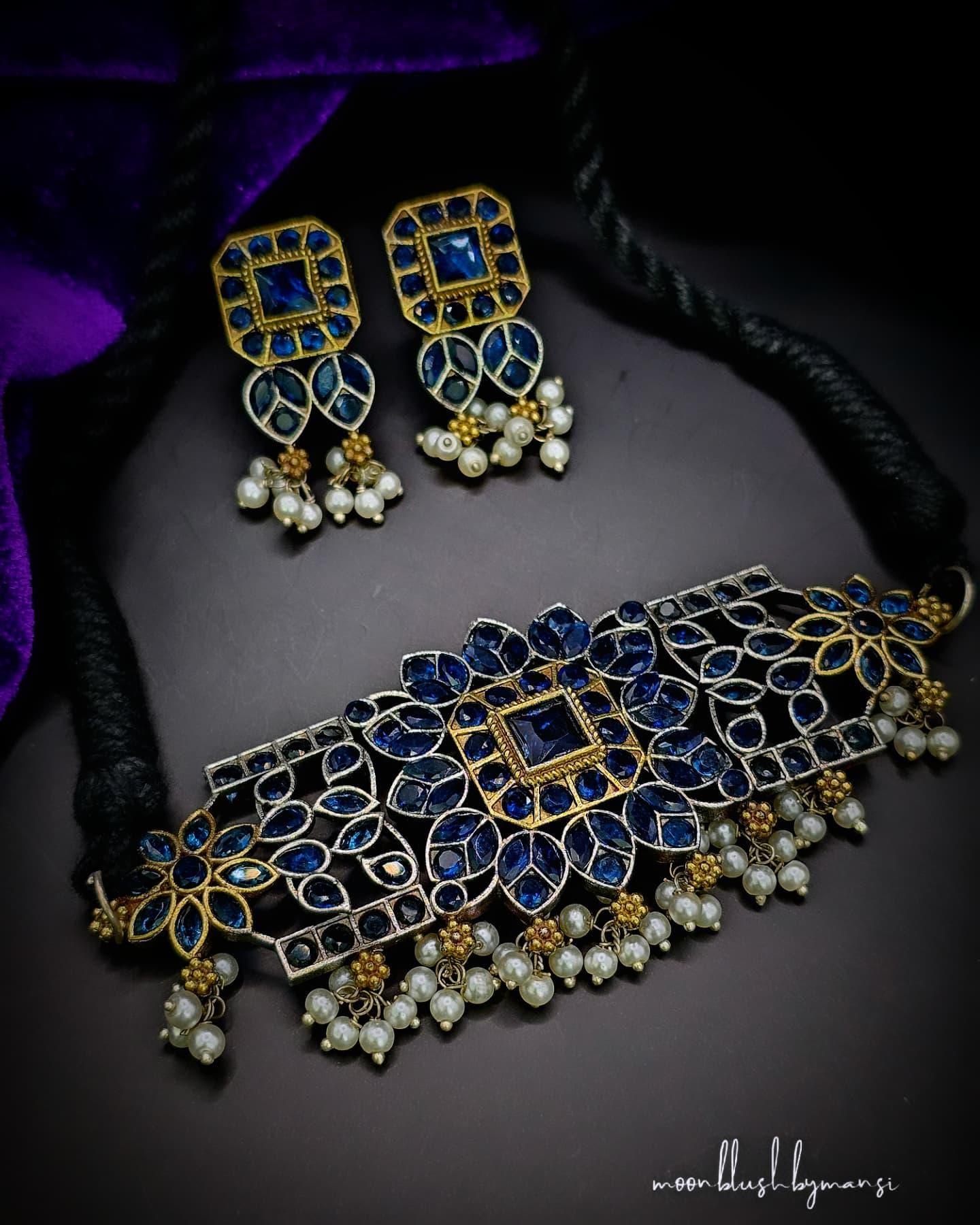 Handcrafted Silver Replica Choker Set: CZ, AD Stones & Pearls