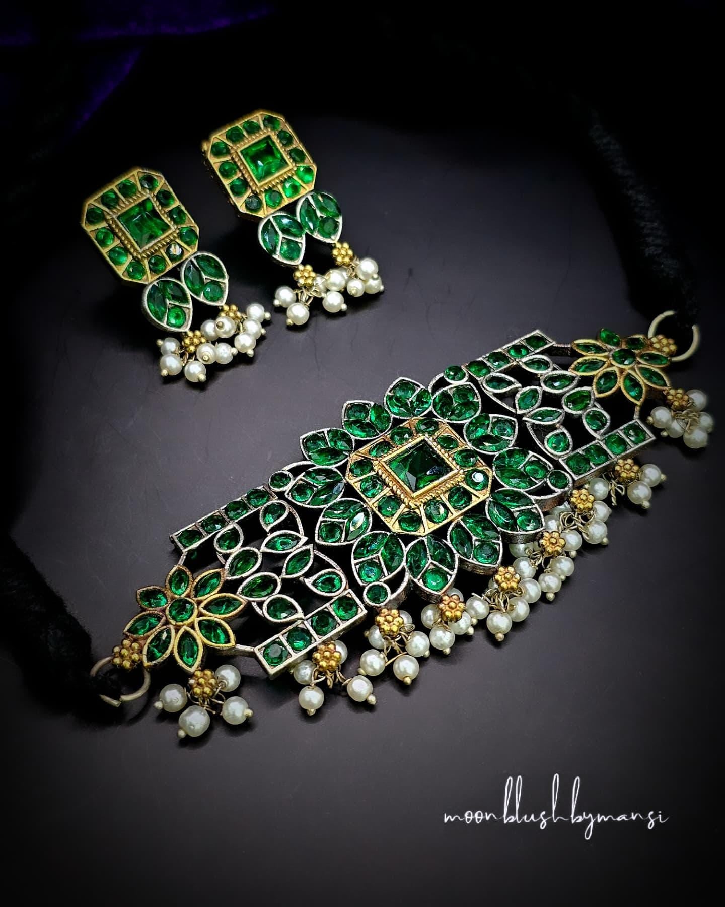 Handcrafted Silver Replica Choker Set: CZ, AD Stones & Pearls