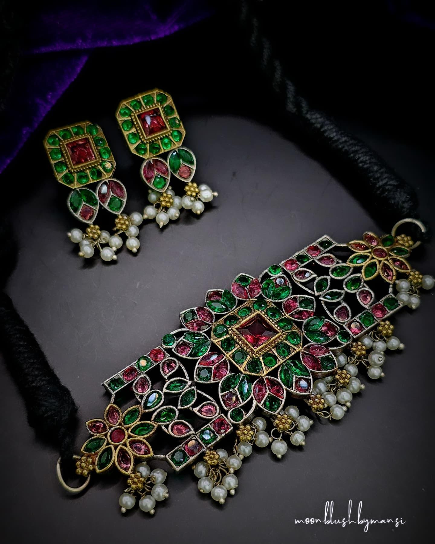 Handcrafted Silver Replica Choker Set: CZ, AD Stones & Pearls
