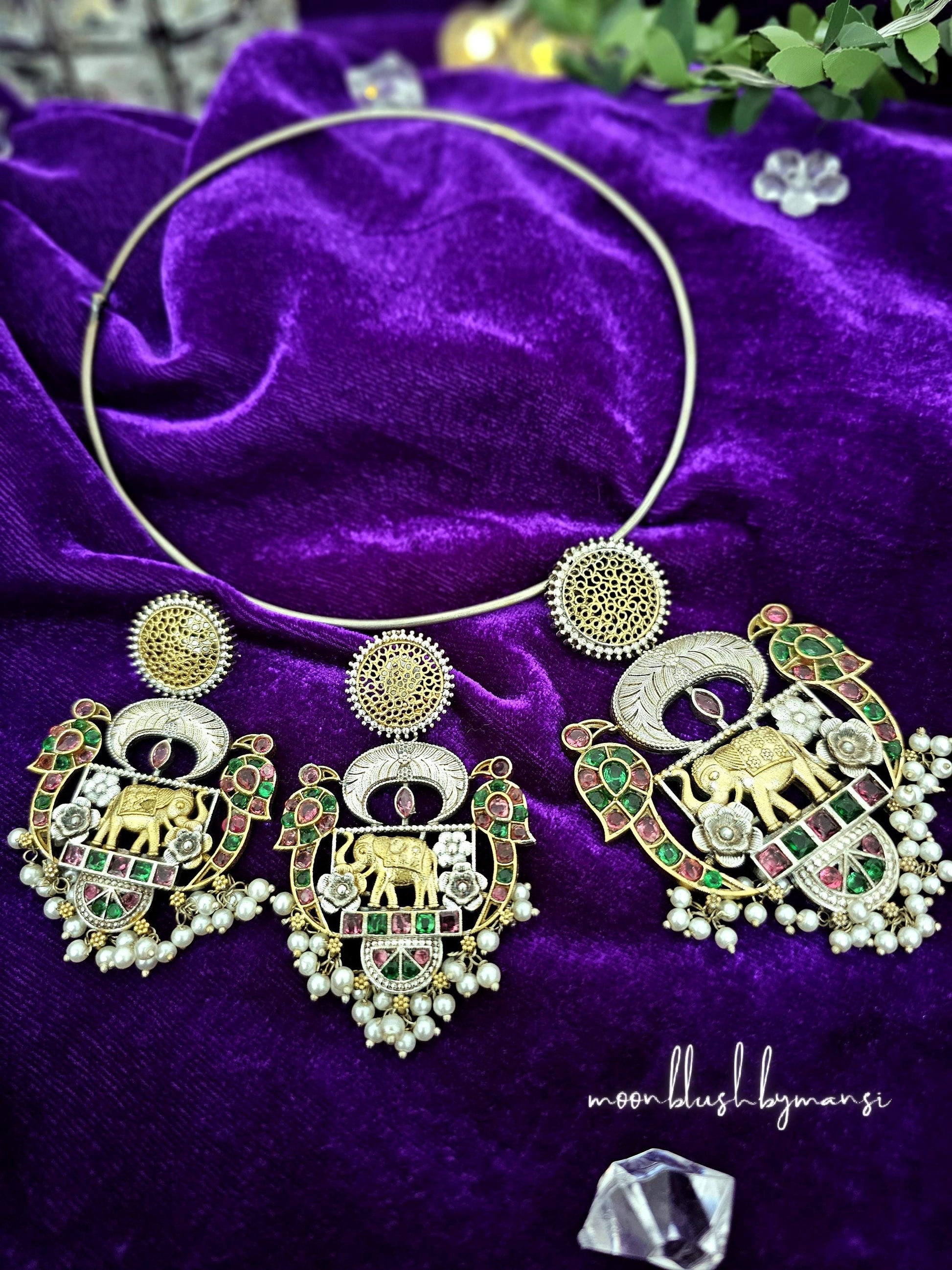 Dual Tone Hasli Choker: Silver Replica Necklace with AD Stones & Pearls