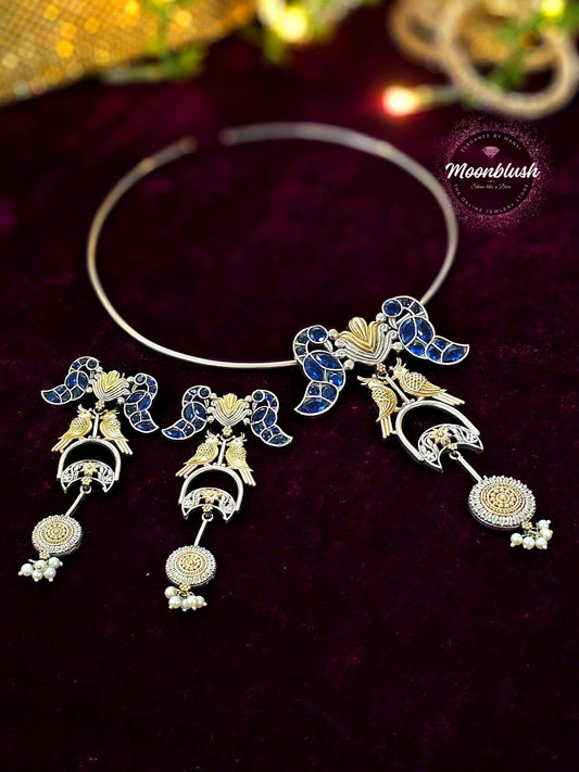 Brass Hasli Set: Silver Replica, AD Stones, Birds Design