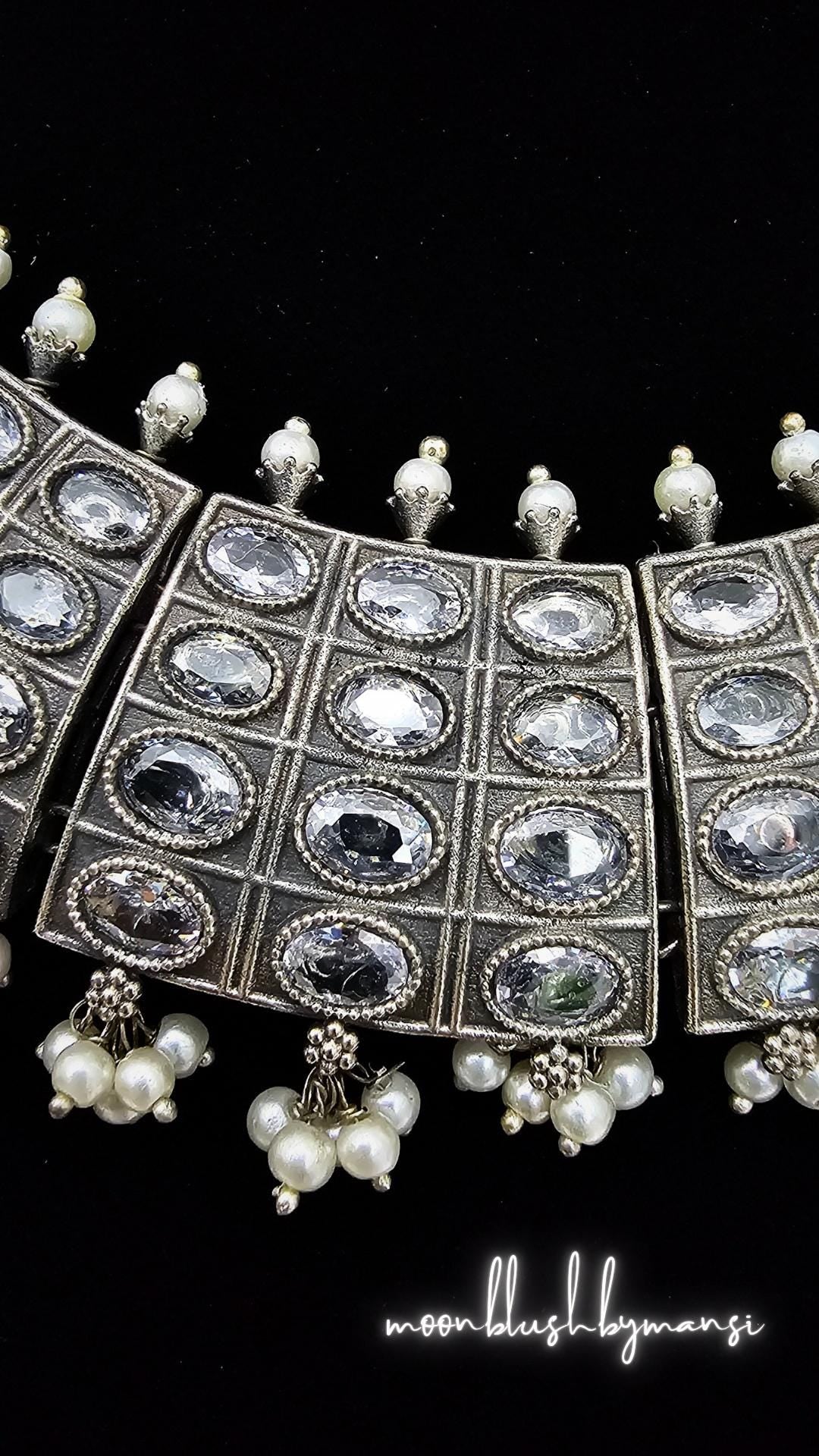 Silver Replica AD Stone Choker Set: Brass Pearl Jewelry