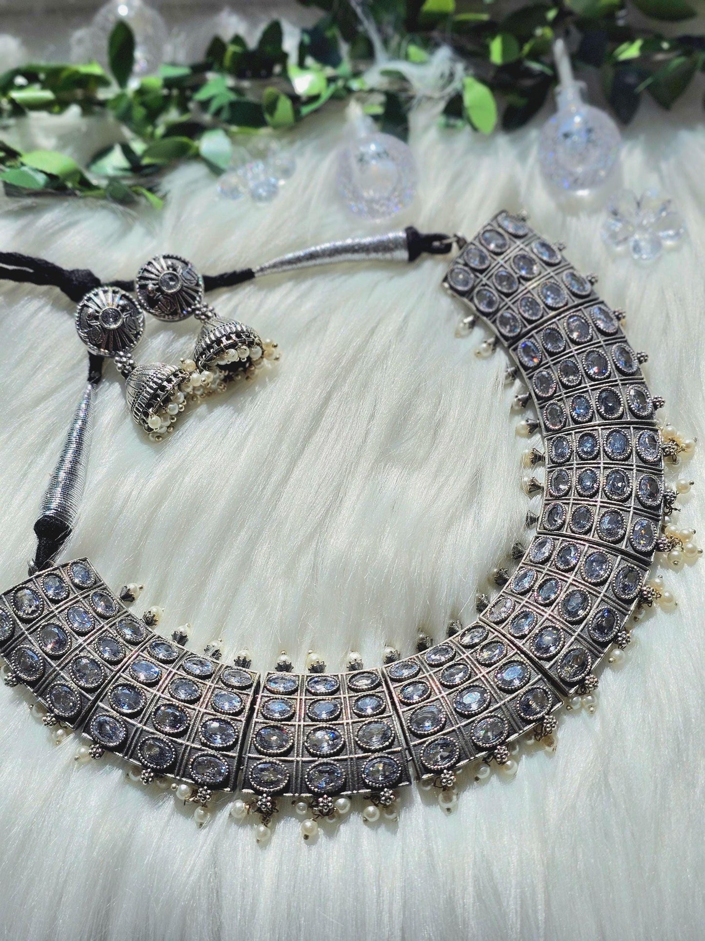 Silver Replica AD Stone Choker Set: Brass Pearl Jewelry