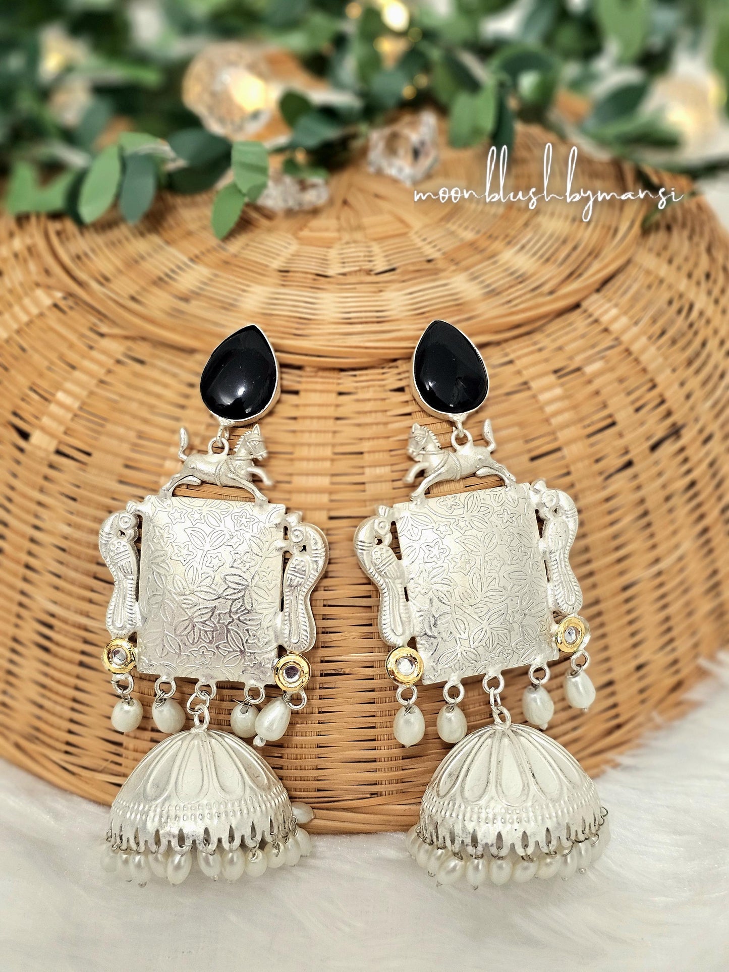 Handcrafted Silver Tone Jhumka Earrings: Brass, Rice Pearls & Monalisa Stones