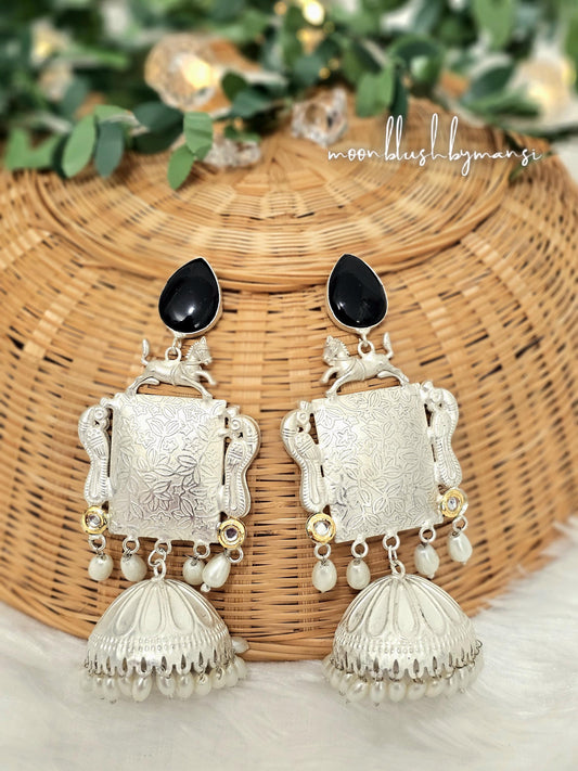 Handcrafted Silver Tone Jhumka Earrings: Brass, Rice Pearls & Monalisa Stones