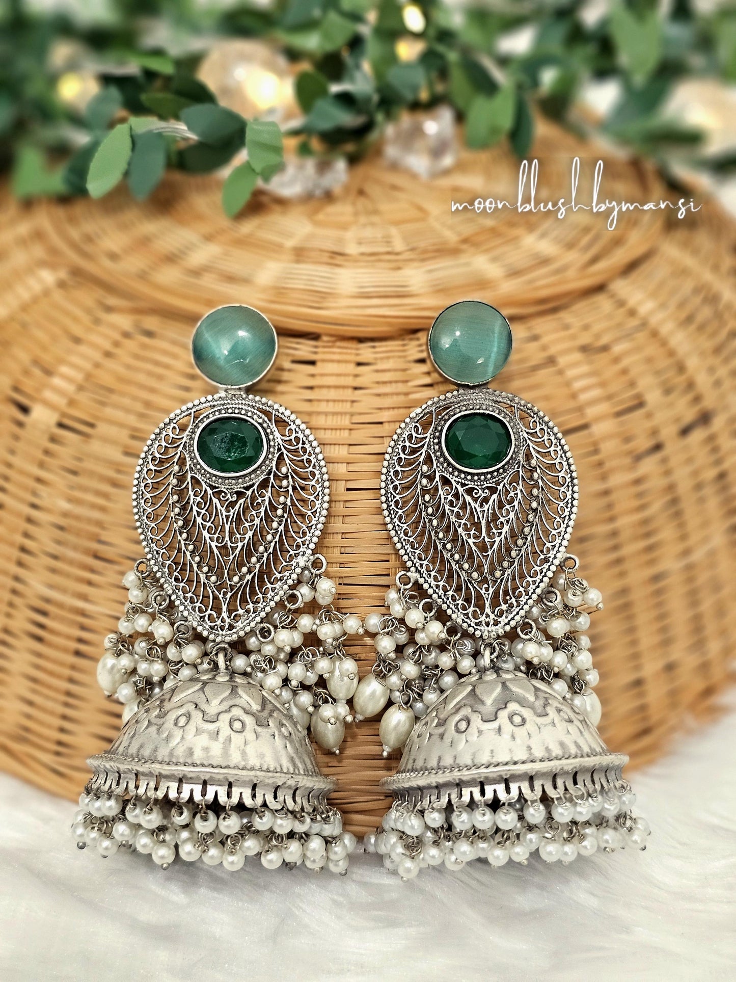 Handcrafted Jhumka Earrings: Silver Tone Brass with Mogra Pearls