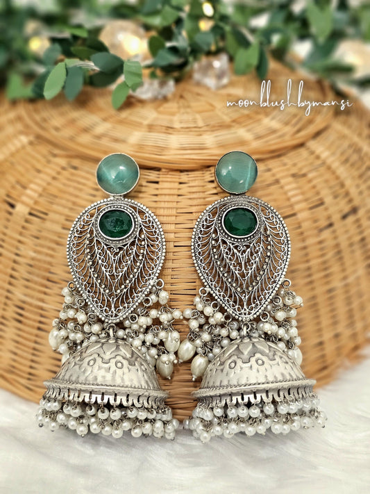 Handcrafted Jhumka Earrings: Silver Tone Brass with Mogra Pearls