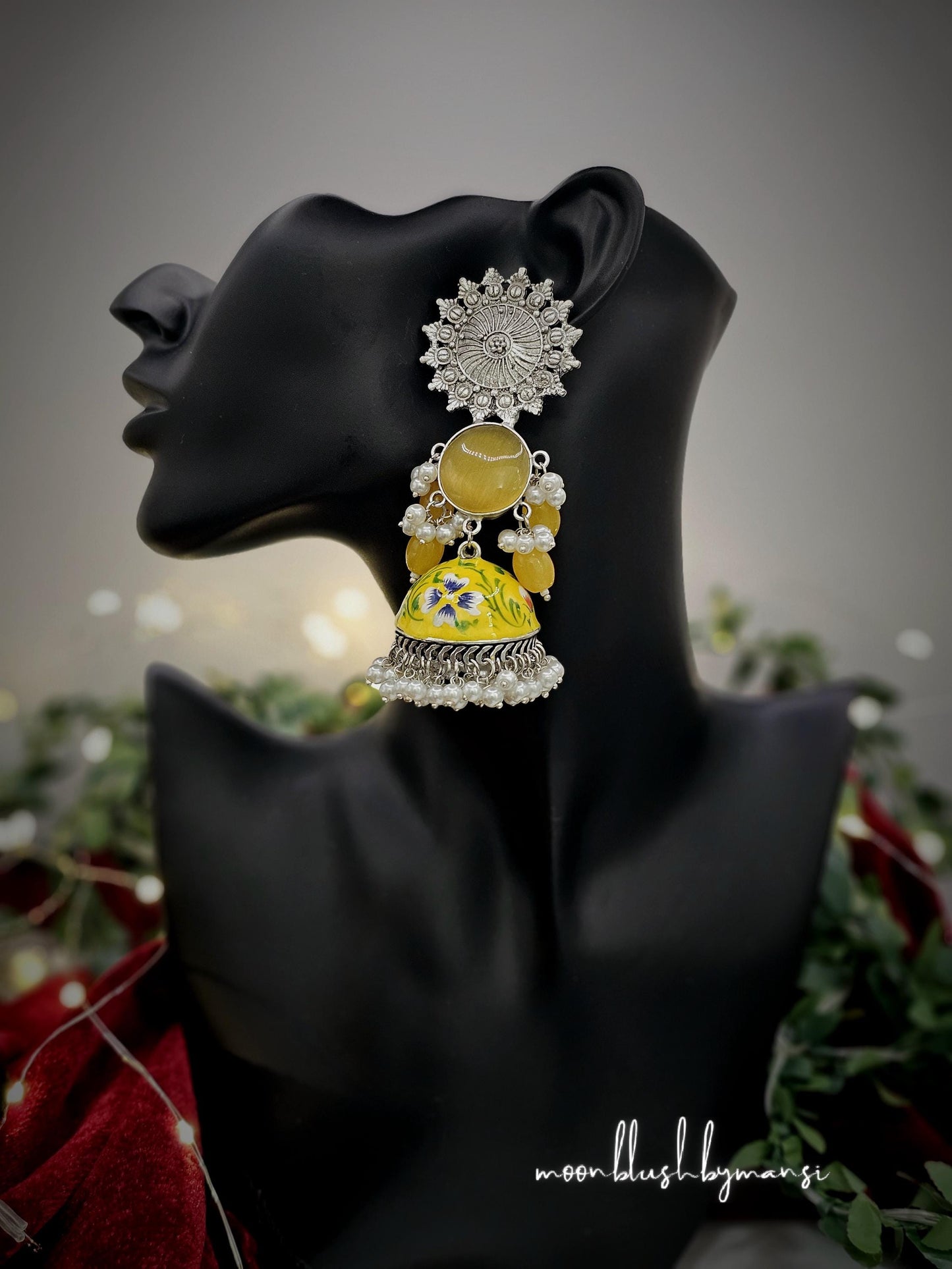 Meenakari Handmade Statement Jhumkas Collection Silver Replica made in brass with Pearls & Monalisa Stones
