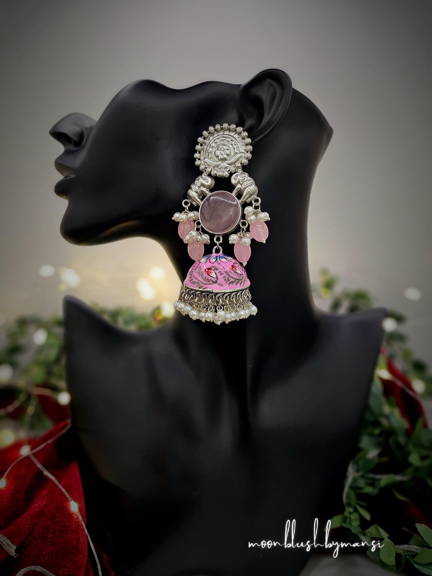 Meenakari Handmade Statement Jhumkas Collection Silver Replica made in brass with Pearls & Monalisa Stones