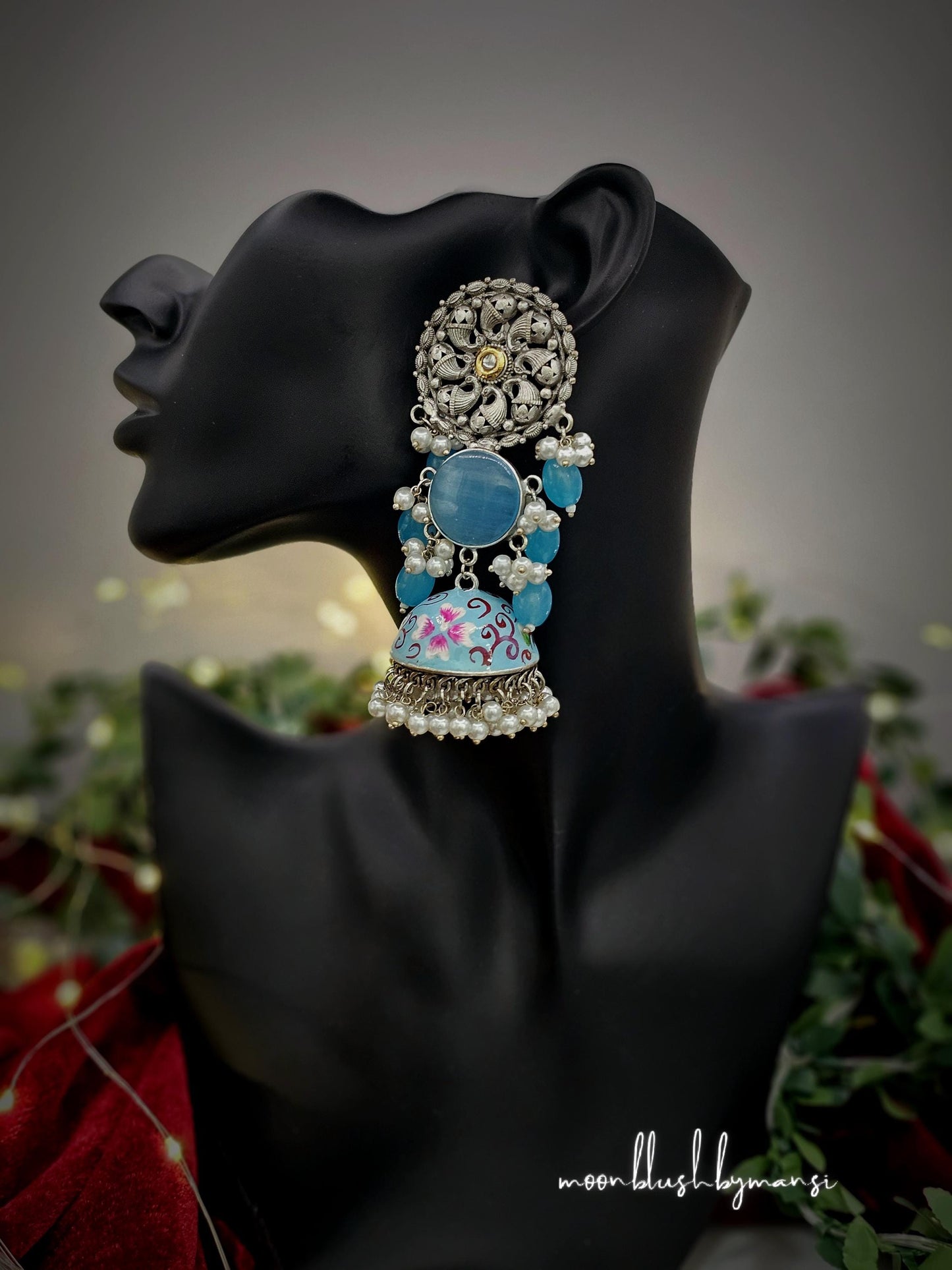 Meenakari Handmade Statement Jhumkas Collection Silver Replica made in brass with Pearls & Monalisa Stones