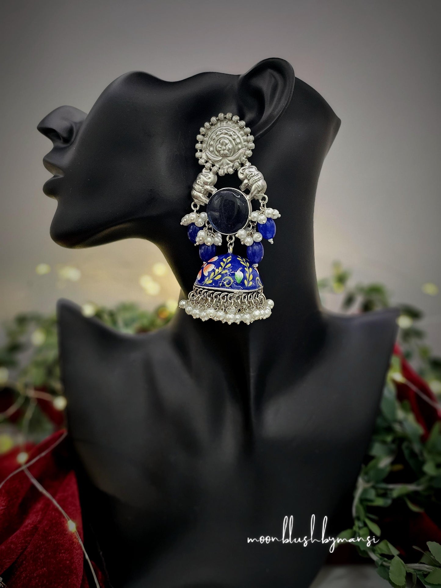 Meenakari Handmade Statement Jhumkas Collection Silver Replica made in brass with Pearls & Monalisa Stones
