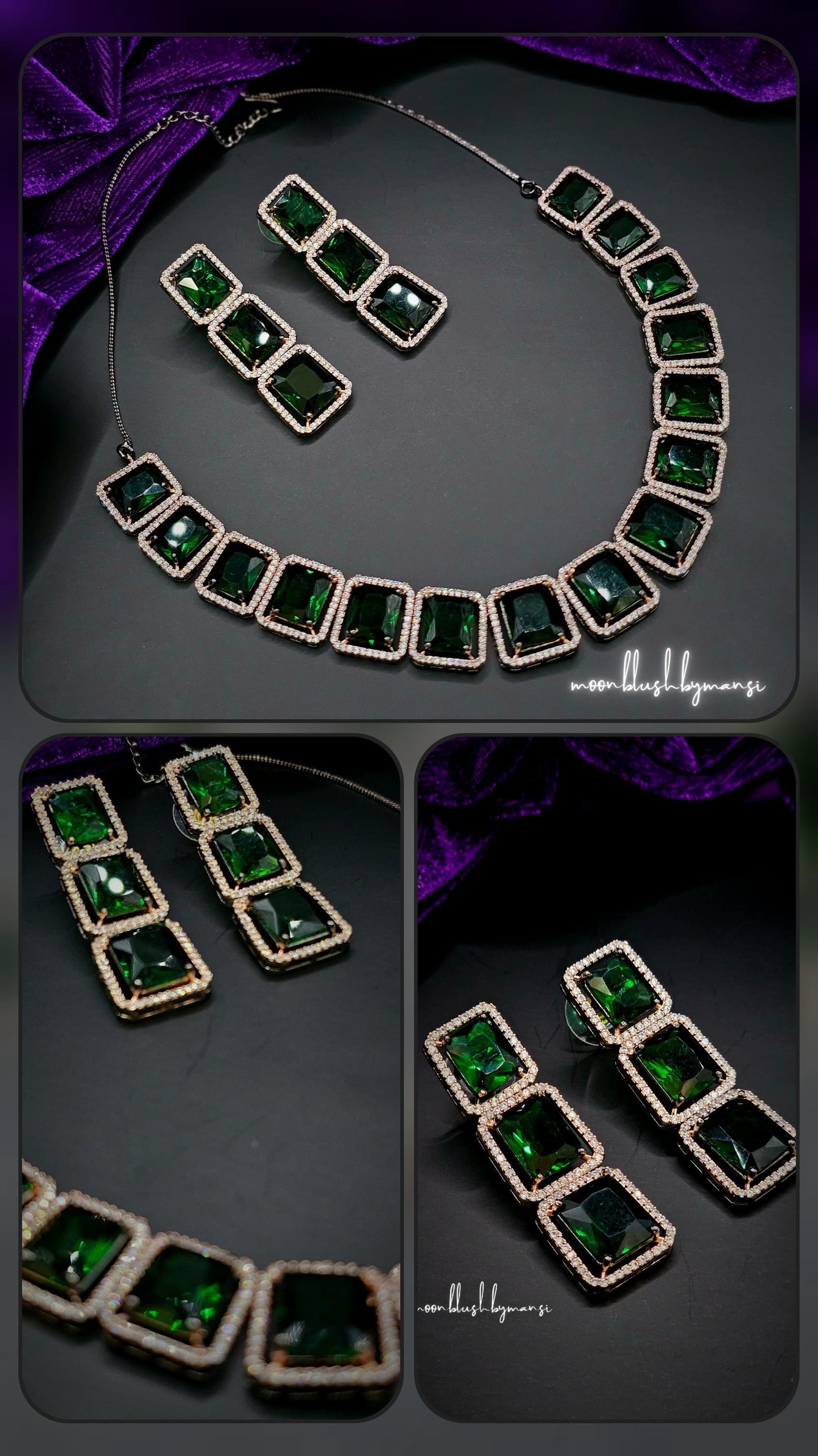 Emerald Glass Stone Statement Neckpiece: American Diamond, Black Polish