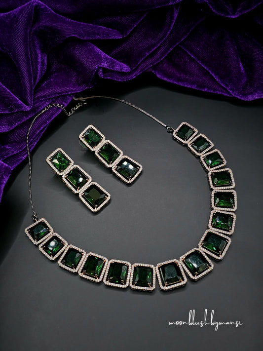 Emerald Glass Stone Statement Neckpiece: American Diamond, Black Polish