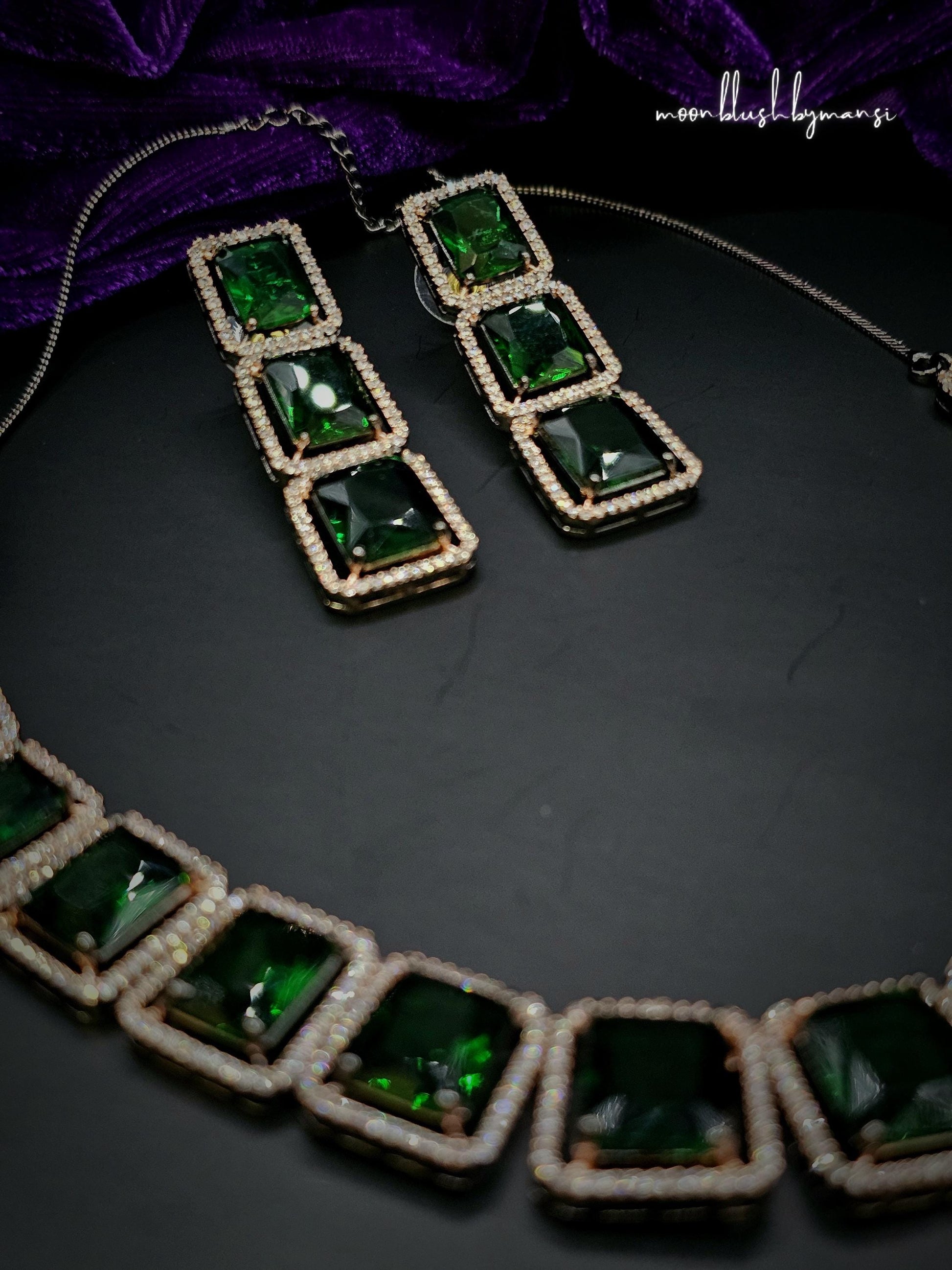 Emerald Glass Stone Statement Neckpiece: American Diamond, Black Polish