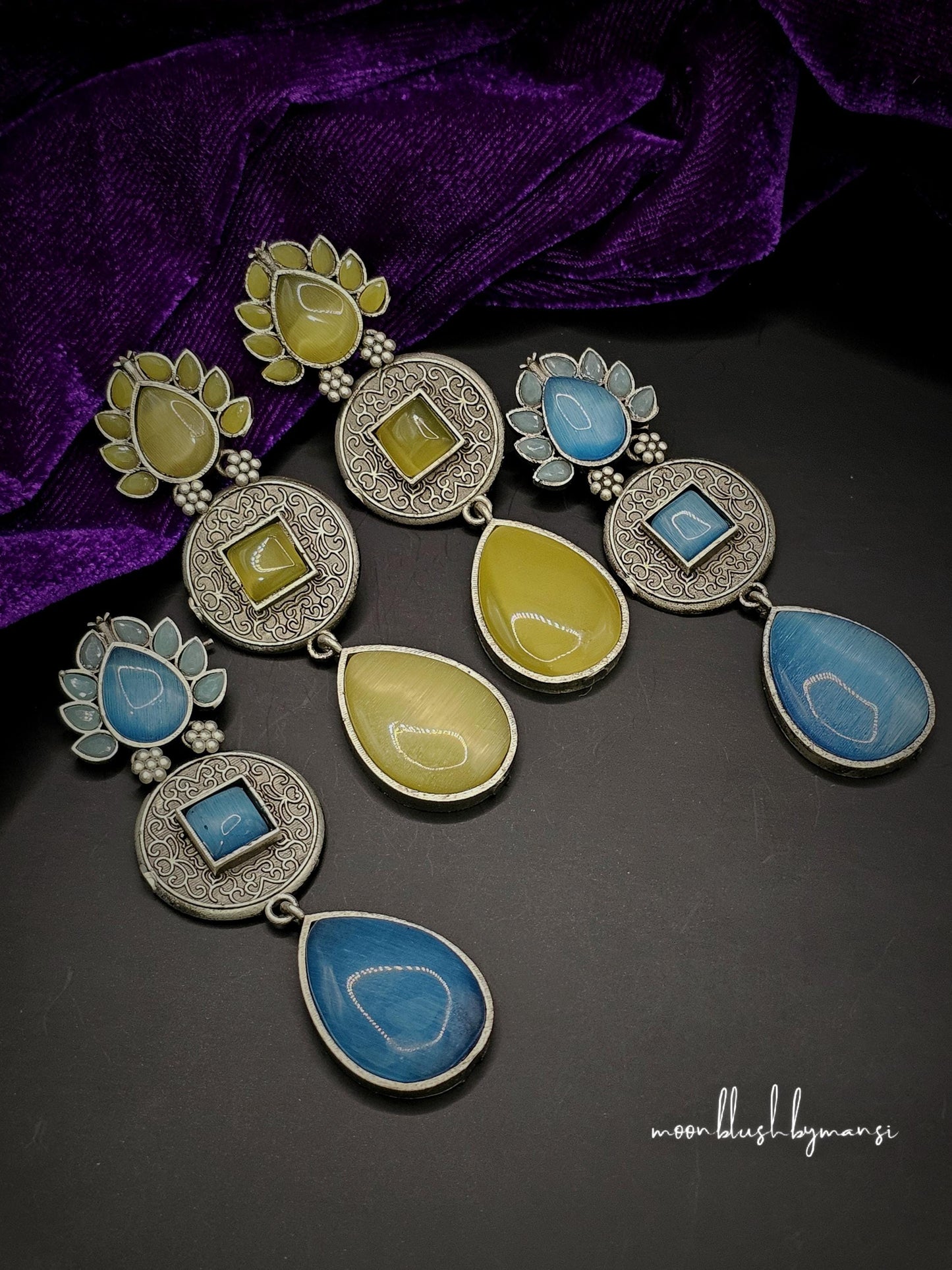 Handmade Brass Dangler Earrings: Silver Replica with Monalisa Stones