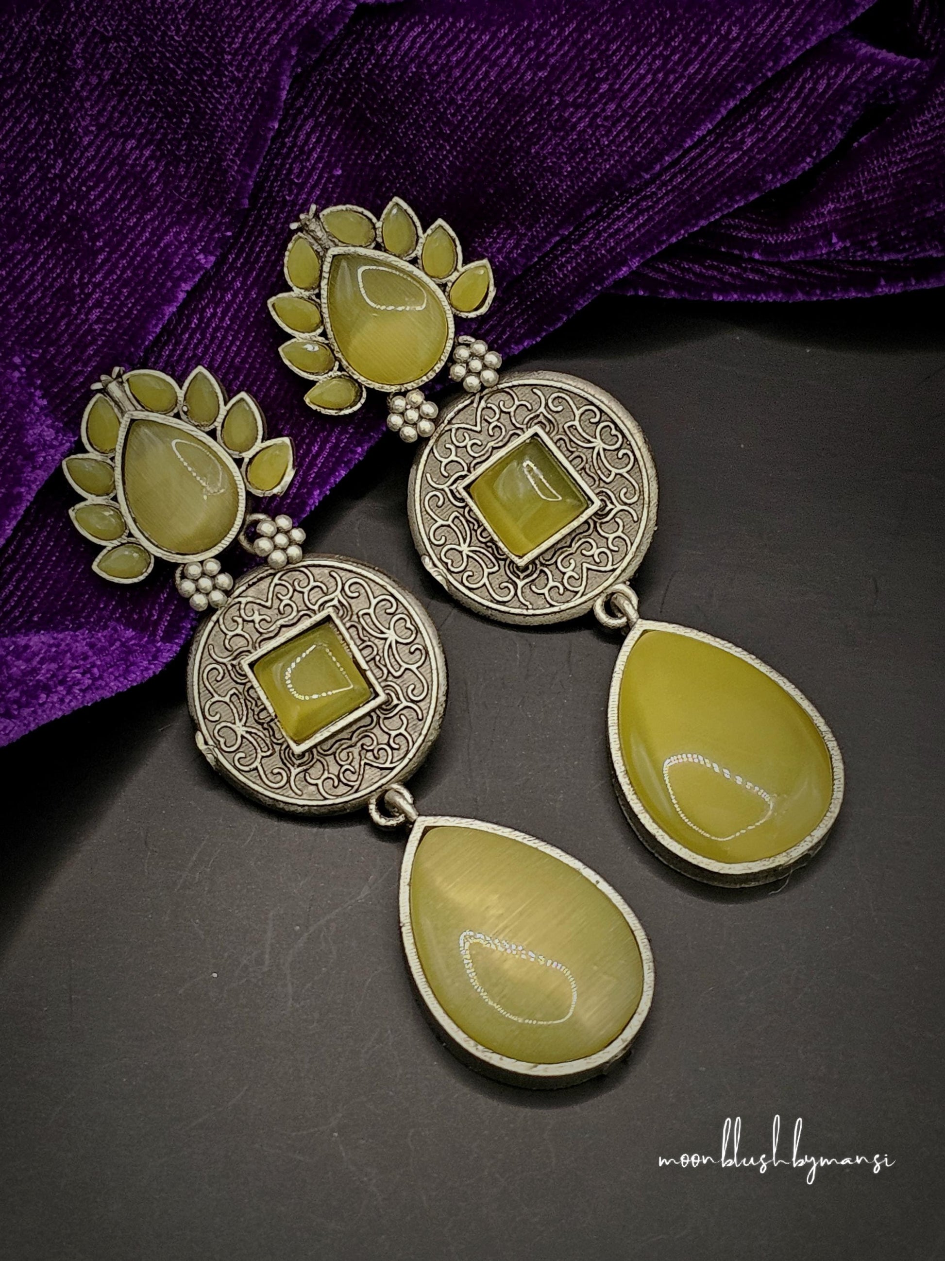 Handmade Brass Dangler Earrings: Silver Replica with Monalisa Stones