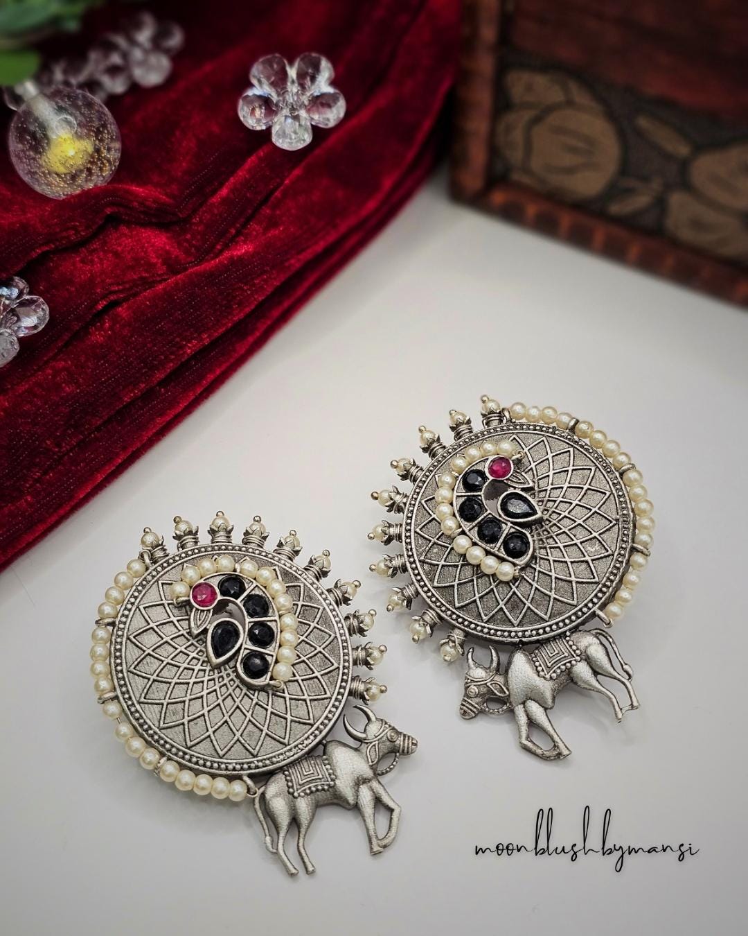 Handcrafted Brass Nandi Stud Earrings: Silver Replica with Pearls