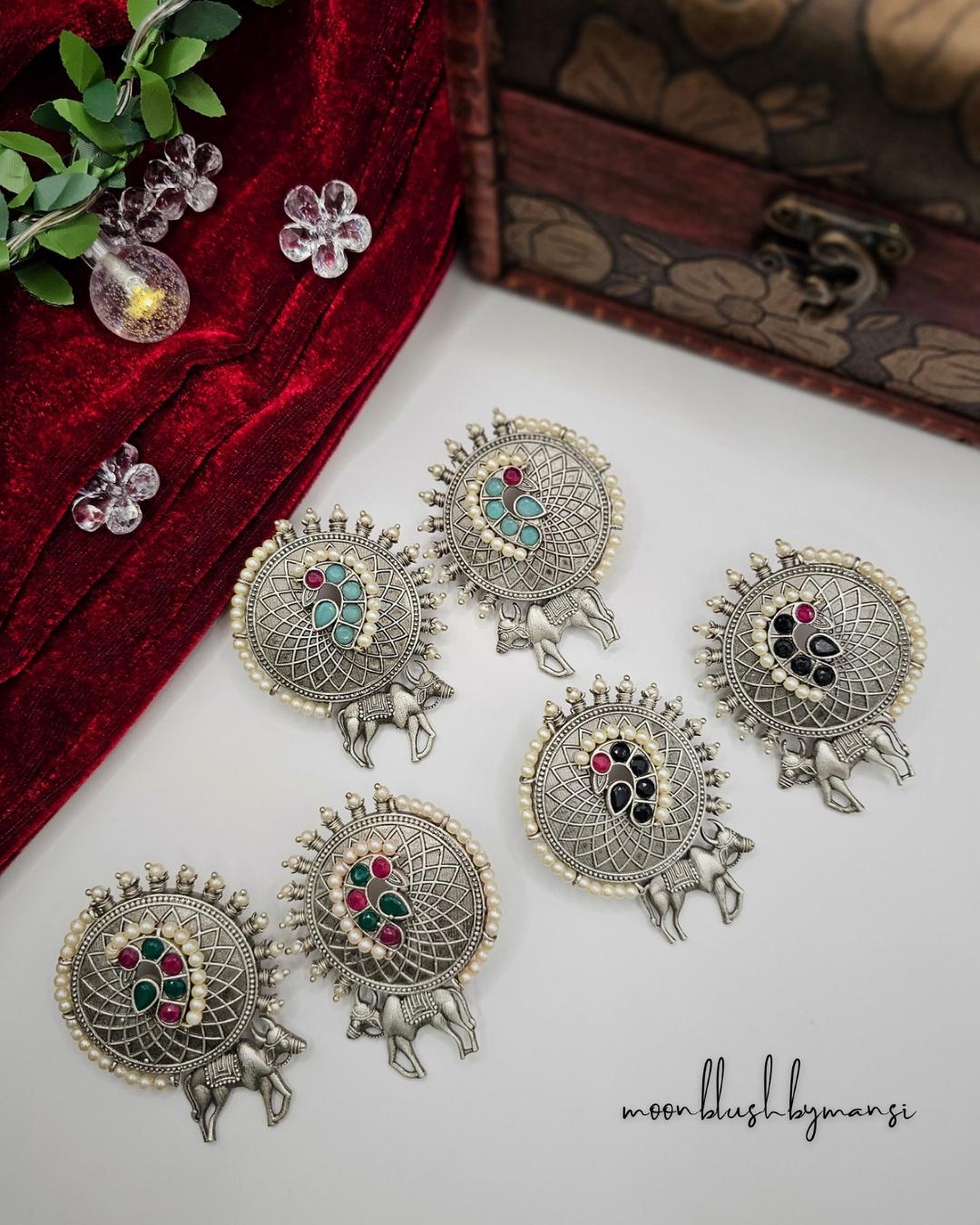 Handcrafted Brass Nandi Stud Earrings: Silver Replica with Pearls