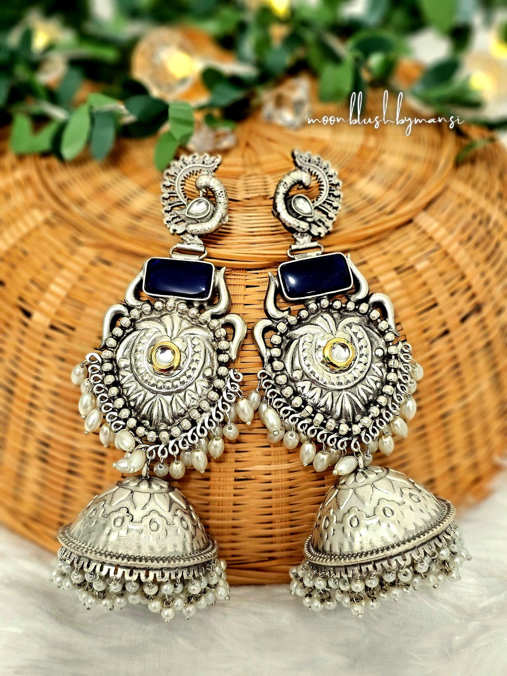 Peacock Jhumka Earrings: Silver Tone with Mogra Pearls & Blue Monalisa Stones