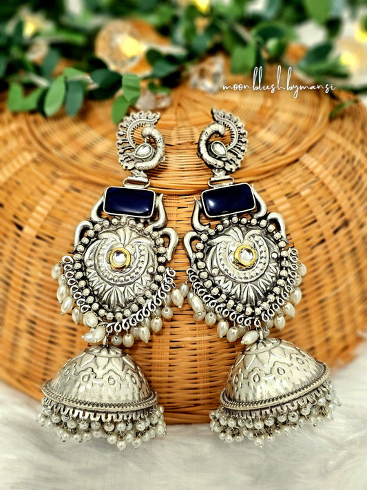 Peacock Jhumka Earrings: Silver Tone with Mogra Pearls & Blue Monalisa Stones