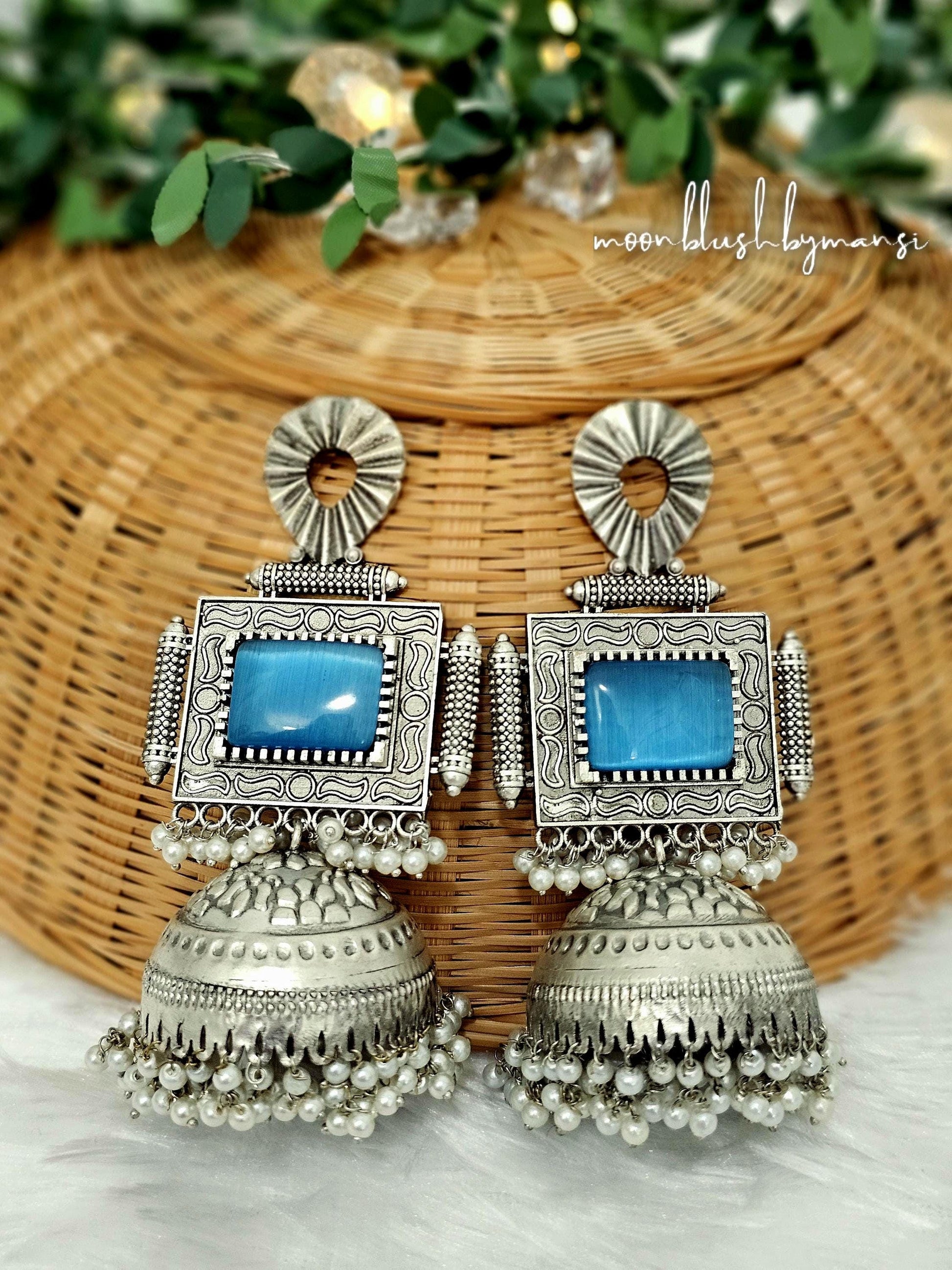 Silver Tone Jhumka Earrings: Blue Monalisa Stone & Rice Pearl Brass Jhumkas