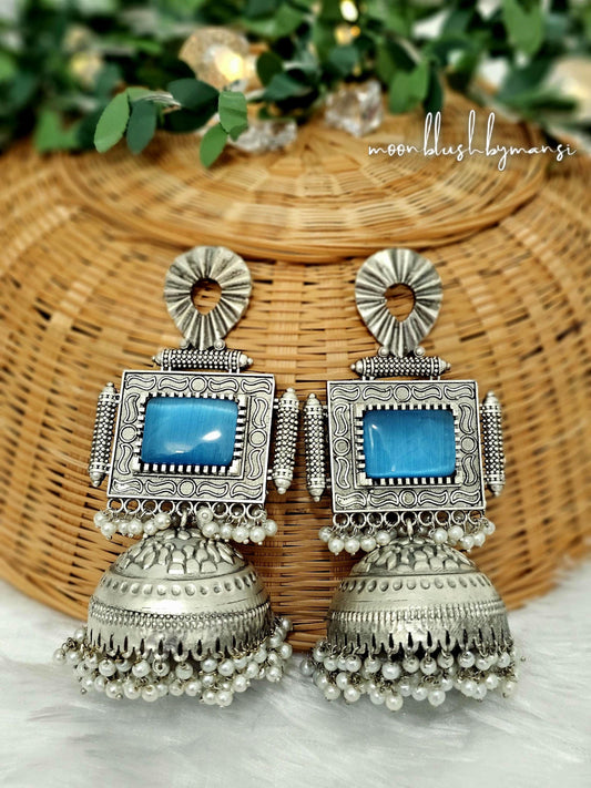 Silver Tone Jhumka Earrings: Blue Monalisa Stone & Rice Pearl Brass Jhumkas