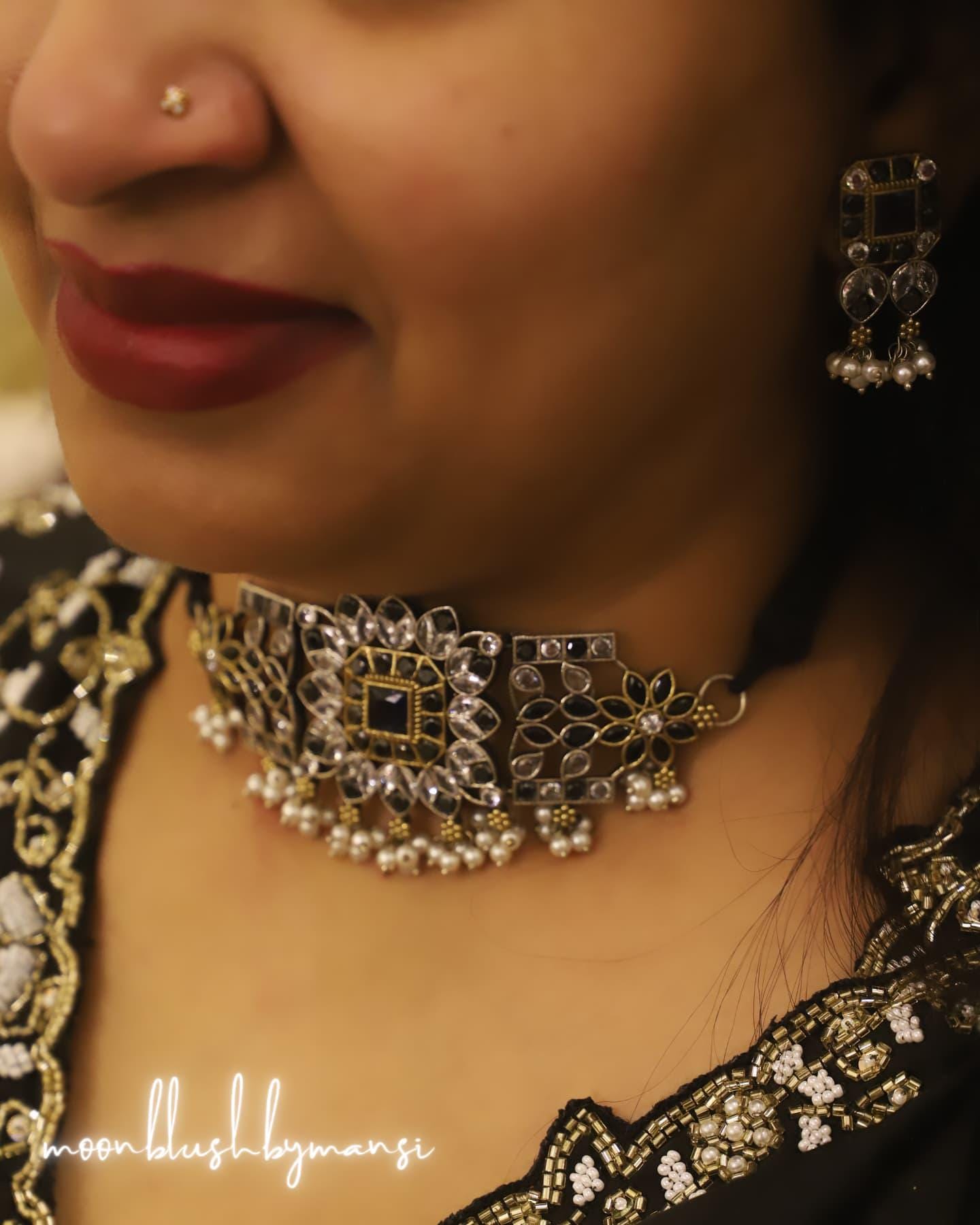 Handcrafted Silver Replica Choker Set: CZ, AD Stones & Pearls