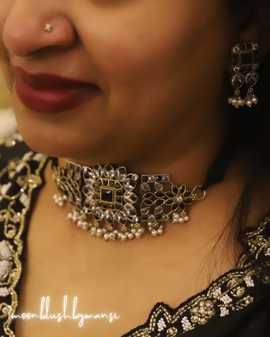 Handcrafted Silver Replica Choker Set: CZ, AD Stones & Pearls